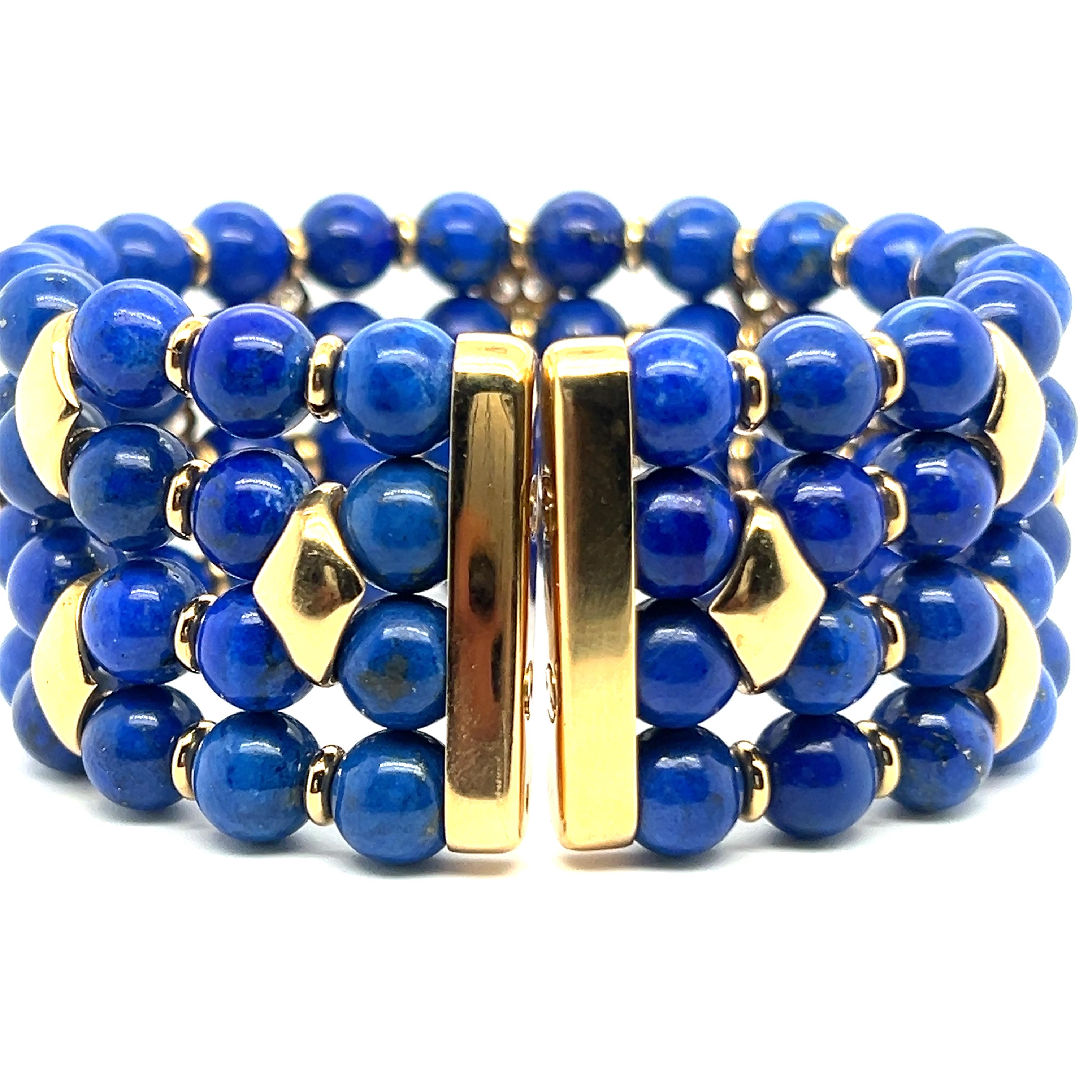 Beaded Bracelet with Lapis Lazuli and Diamonds in 18 Karat Yellow Gold For Sale 5