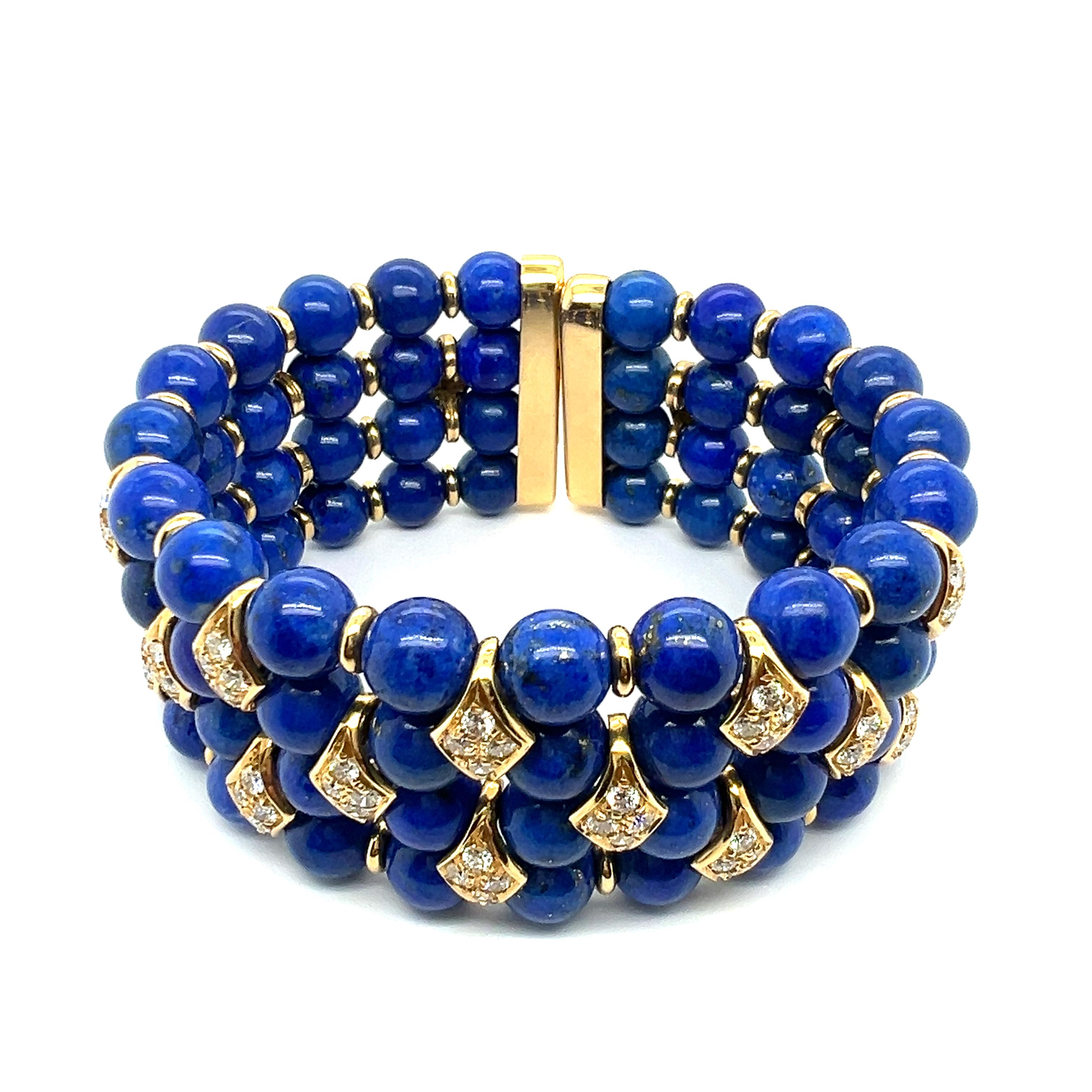 Beaded Bracelet with Lapis Lazuli and Diamonds in 18 Karat Yellow Gold For Sale 7
