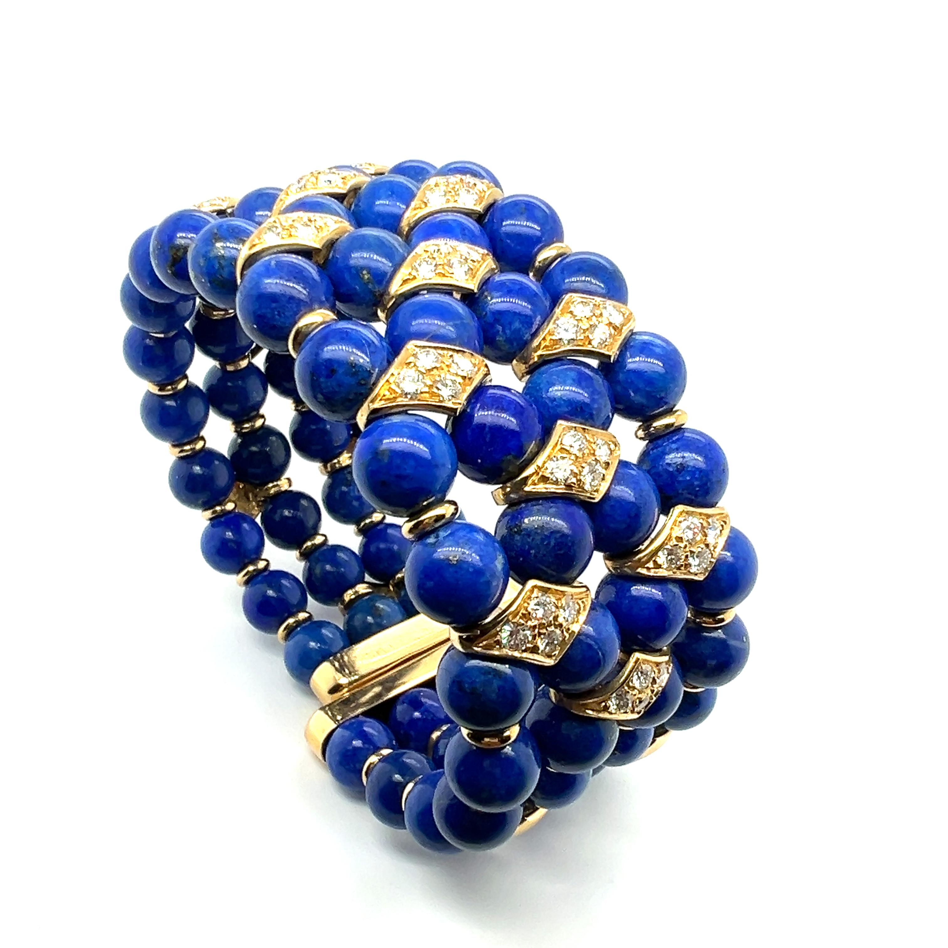 Beaded Bracelet with Lapis Lazuli and Diamonds in 18 Karat Yellow Gold For Sale 8