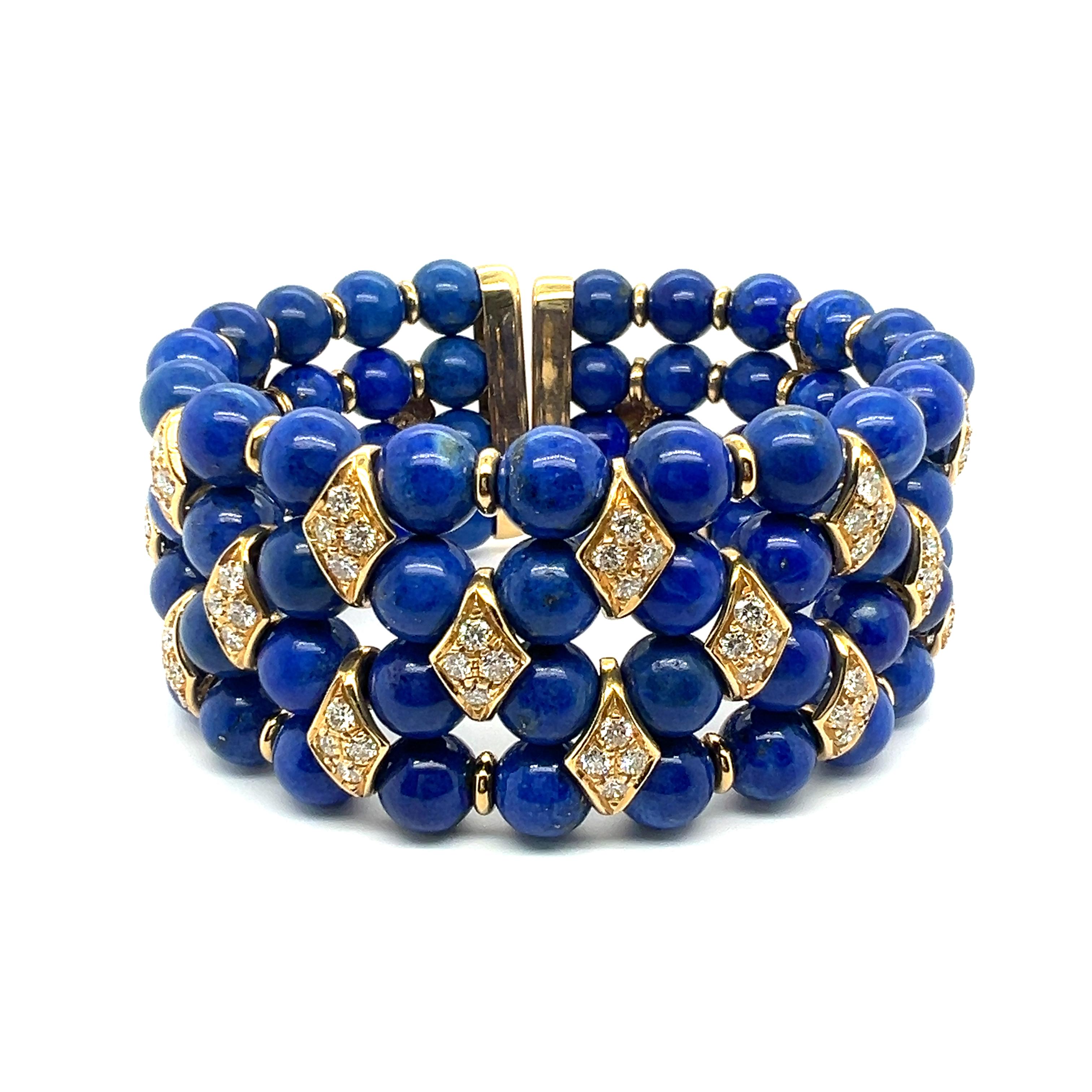 Elevate your style with this exquisite bracelet, where lapis lazuli intertwines with premium gold, yielding a harmonious blend of warm hues and textures, accented by the shimmer of beautiful diamonds.

This luxurious creation boasts 80 lapis lazuli