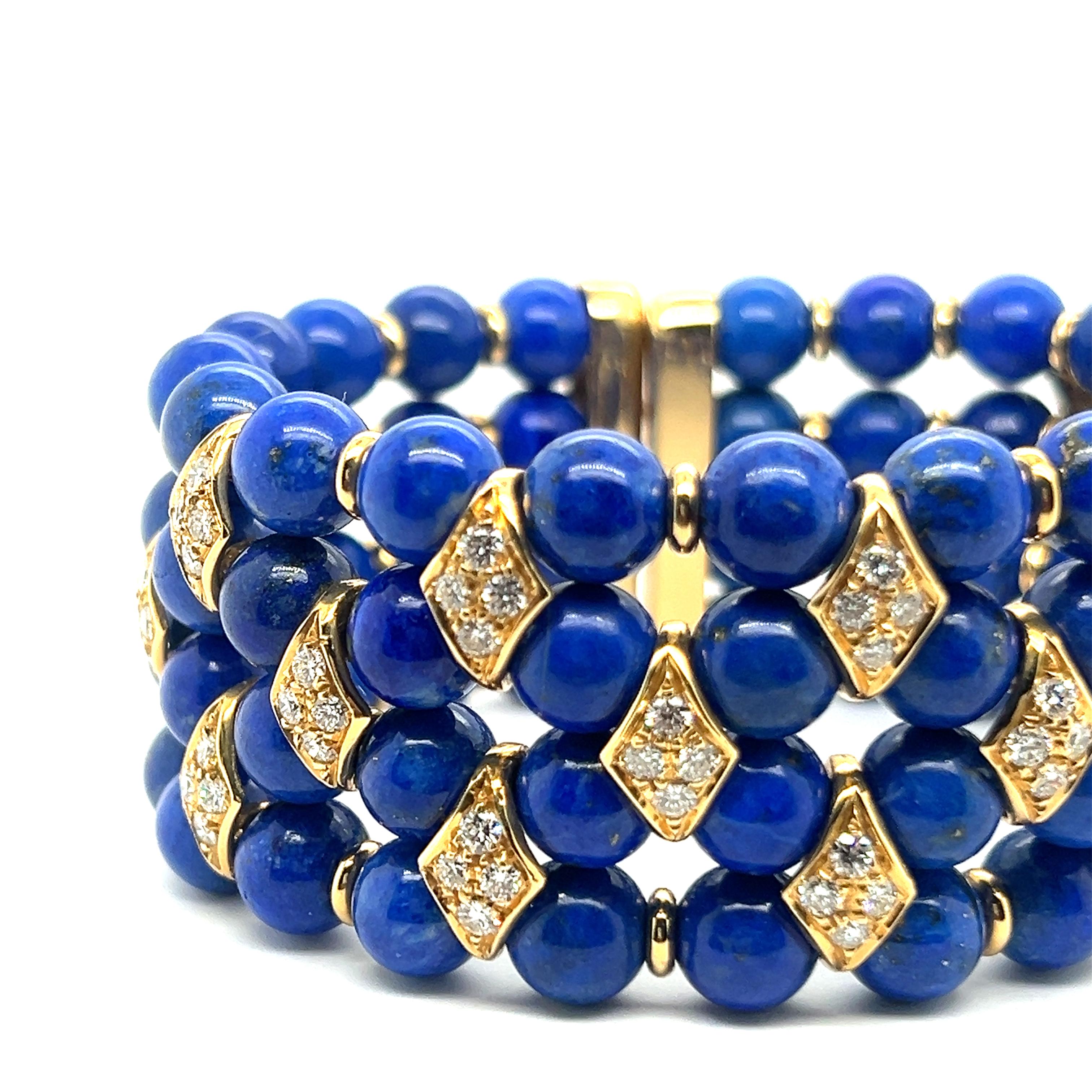 Artist Beaded Bracelet with Lapis Lazuli and Diamonds in 18 Karat Yellow Gold For Sale