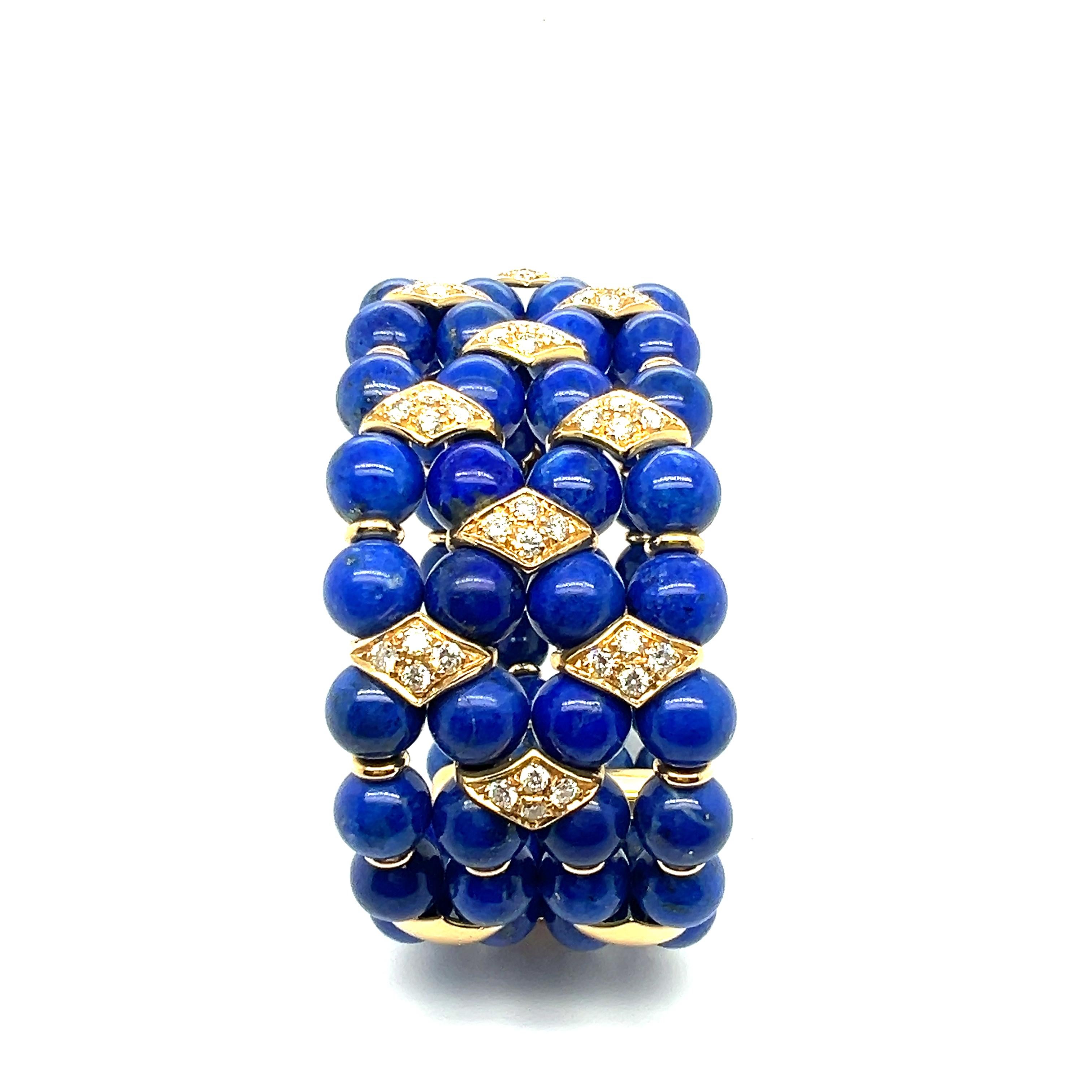 Women's or Men's Beaded Bracelet with Lapis Lazuli and Diamonds in 18 Karat Yellow Gold For Sale