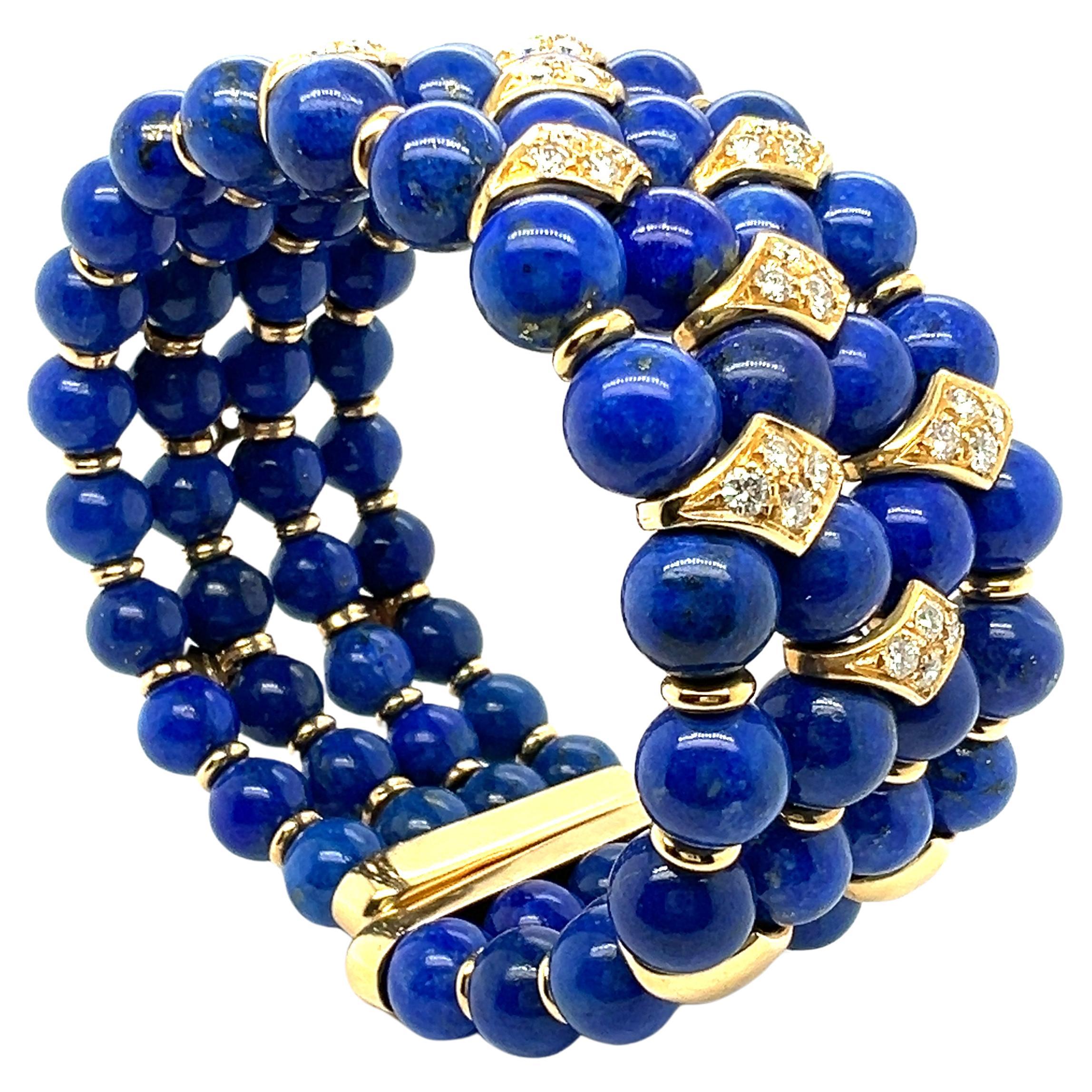 Beaded Bracelet with Lapis Lazuli and Diamonds in 18 Karat Yellow Gold