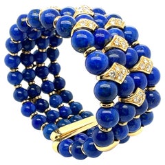 Vintage Beaded Bracelet with Lapis Lazuli and Diamonds in 18 Karat Yellow Gold