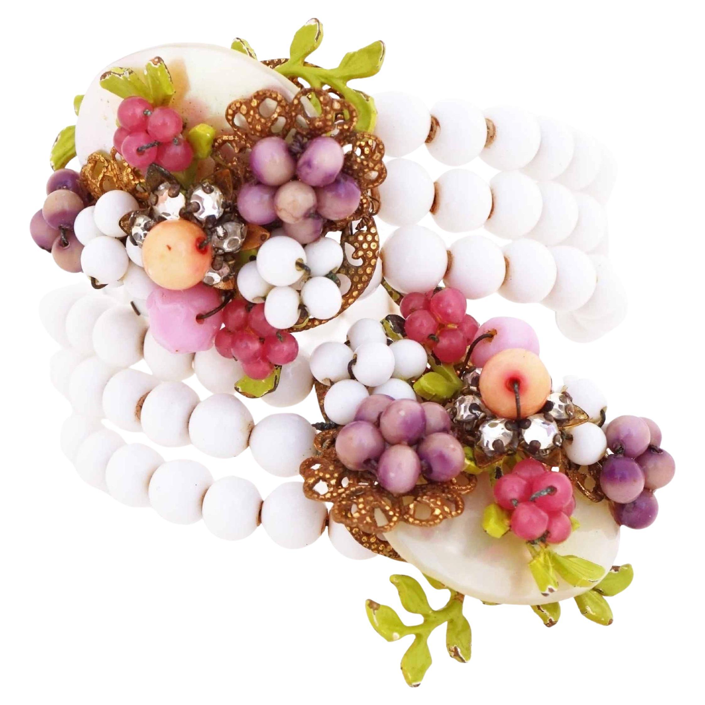 Beaded Bracelet With Mother of Pearl Pastel Floral Cluster By Miriam Haskell For Sale