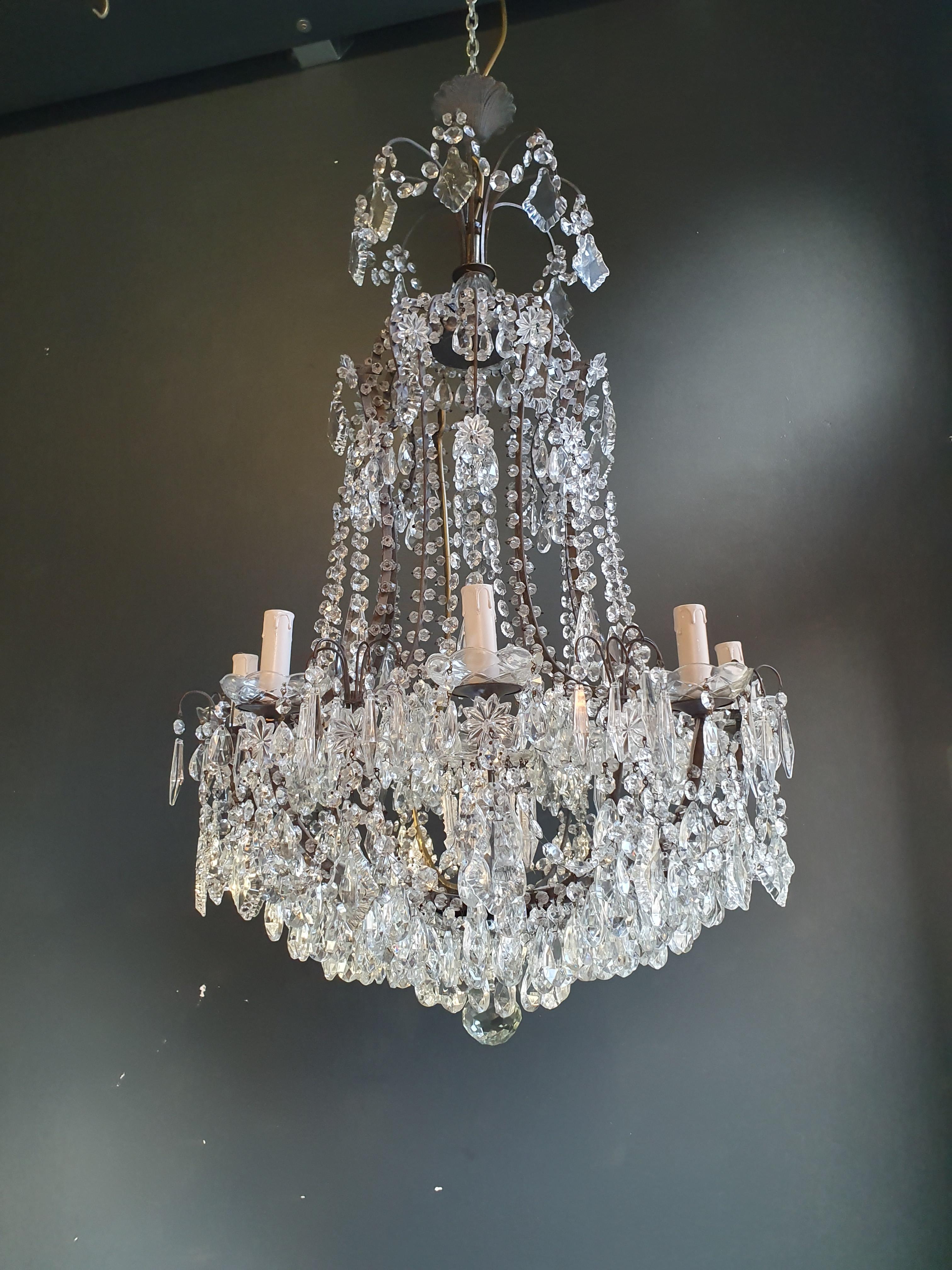 Beaded Brass Crystal Chandelier Antique Ceiling Lamp Lustre Art Nouveau Lamp For Sale 3