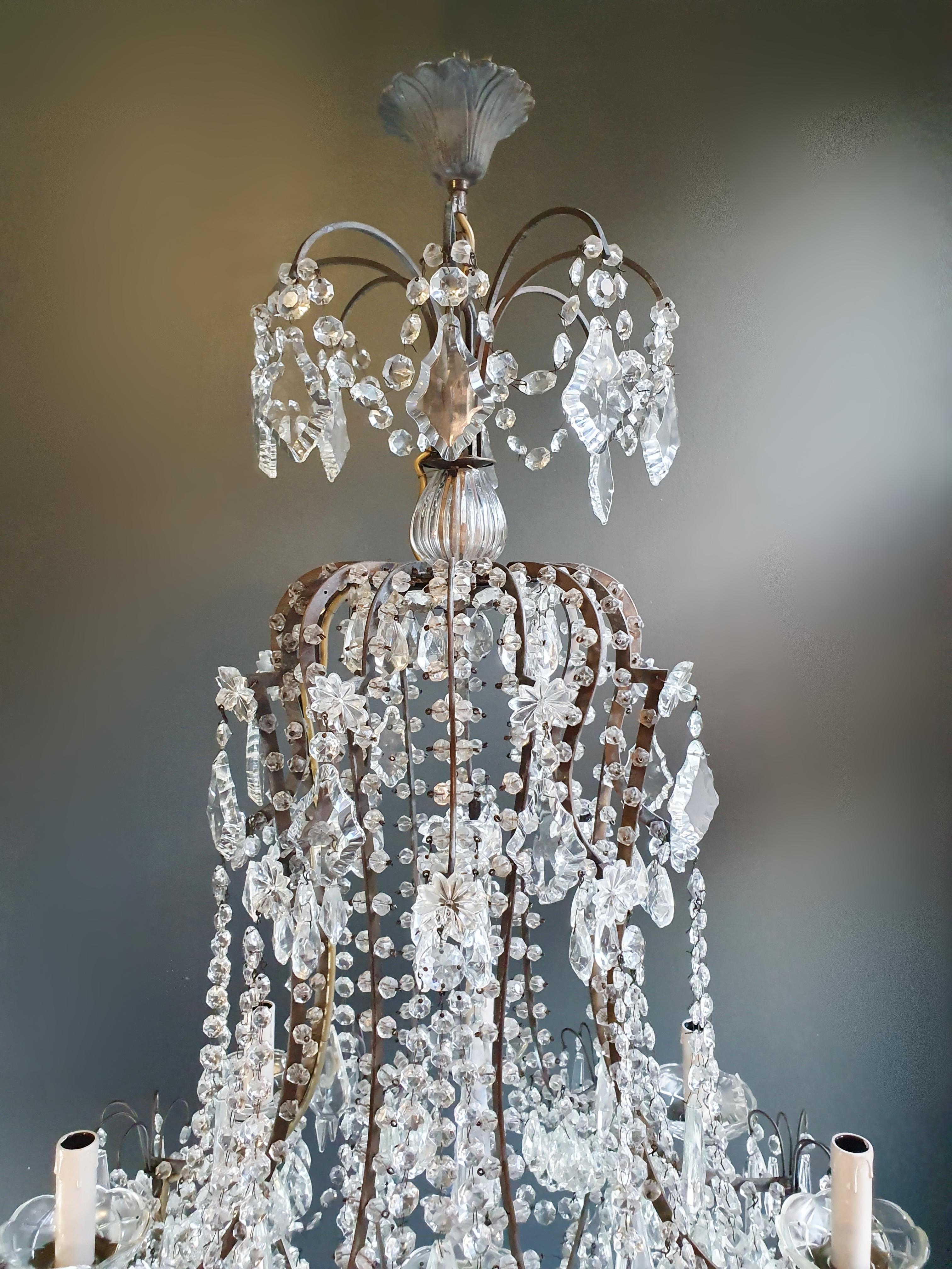 European Beaded Brass Crystal Chandelier Antique Ceiling Lamp Lustre Art Nouveau Lamp For Sale
