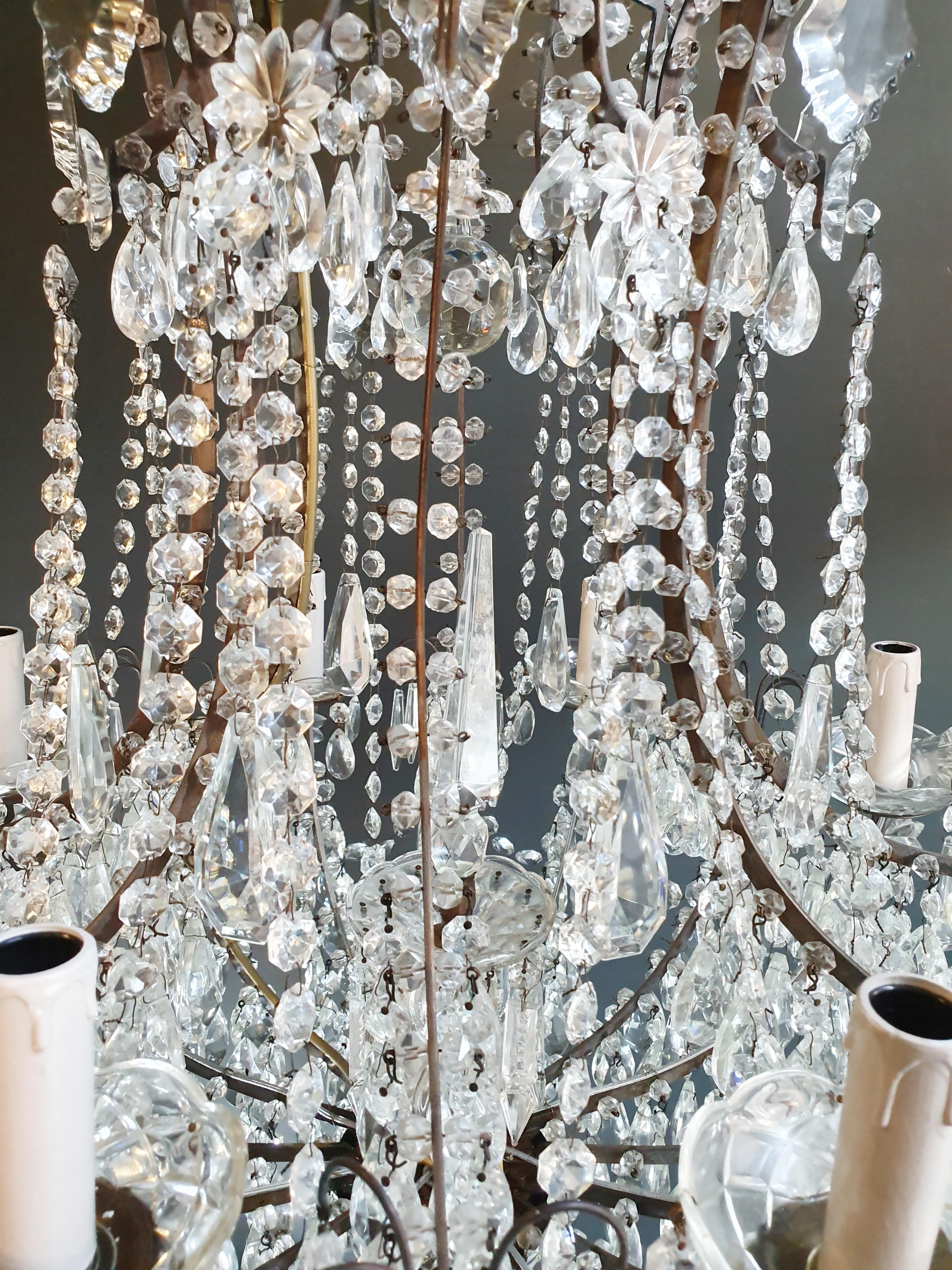 Beaded Brass Crystal Chandelier Antique Ceiling Lamp Lustre Art Nouveau Lamp In Good Condition For Sale In Berlin, DE