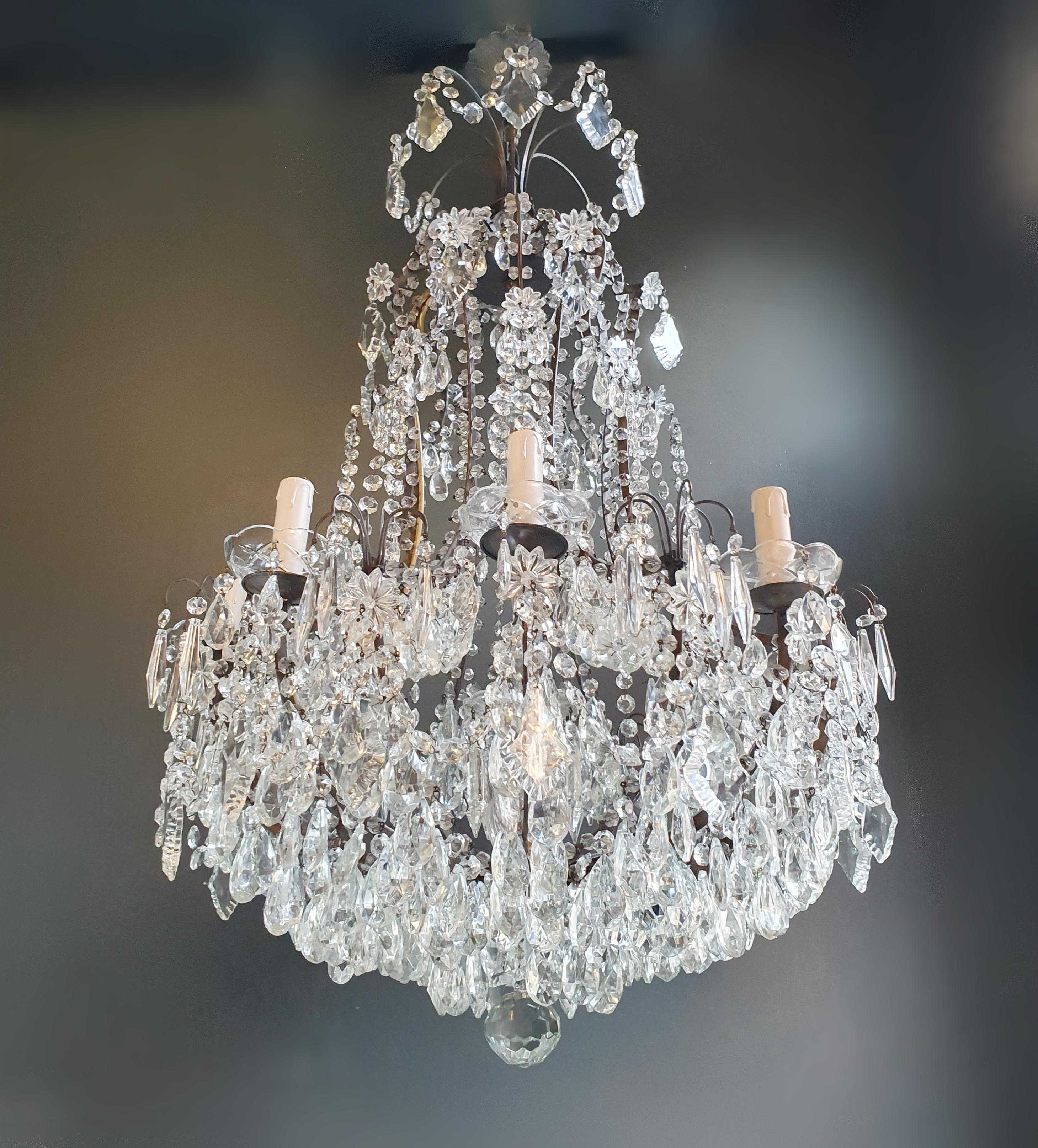 18th Century and Earlier Beaded Brass Crystal Chandelier Antique Ceiling Lamp Lustre Art Nouveau Lamp For Sale