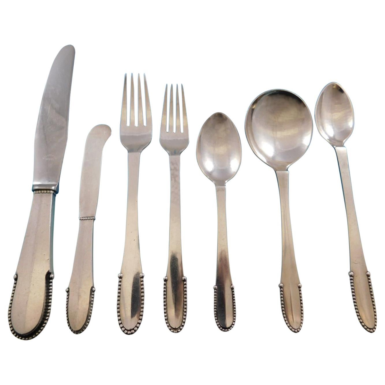 Beaded by Georg Jensen Sterling Silver Flatware Set for 8 Service 56 Pcs Dinner For Sale