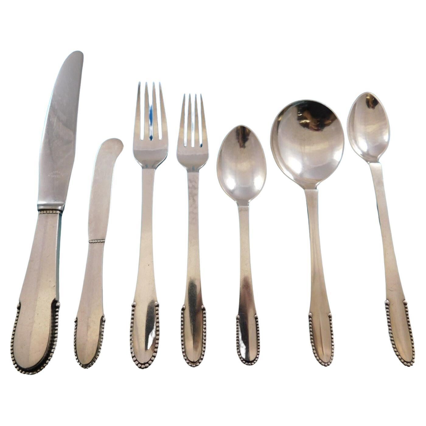 56-teiliges Tafelbesteck aus Sterlingsilber mit Perlen von Georg Jensen für 8 Personen, Dinner im Angebot