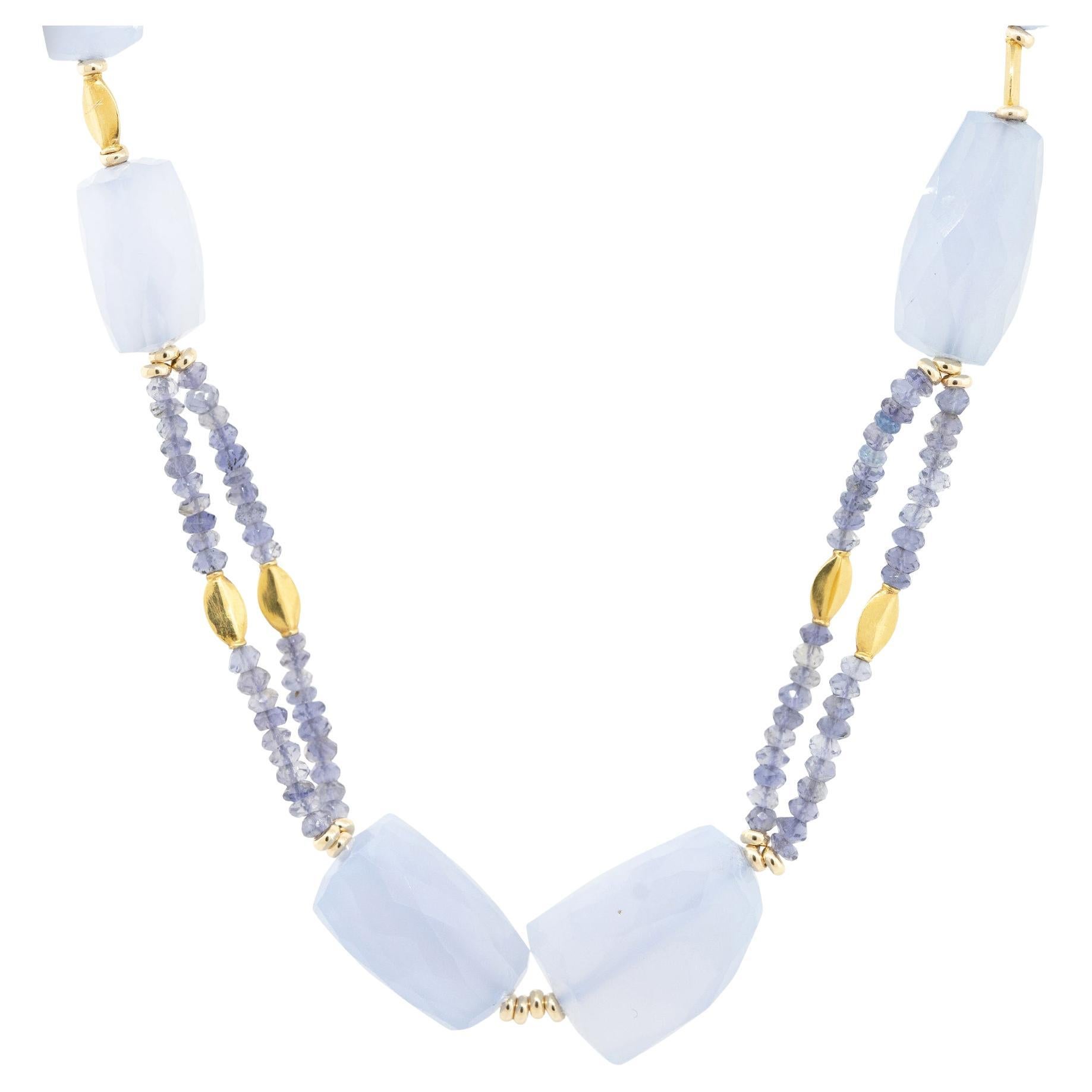 Chalcedon-Edelstein-Halskette mit Perlen 18 Karat Vorrätig