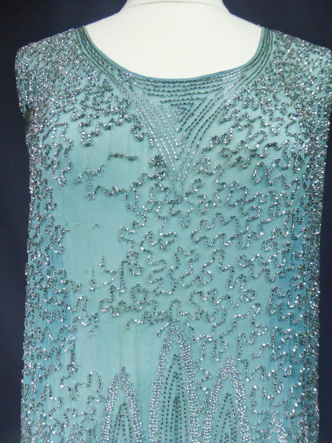 Blue Beaded Charleston Flapper Dress from Art Deco French Period Circa 1920 For Sale