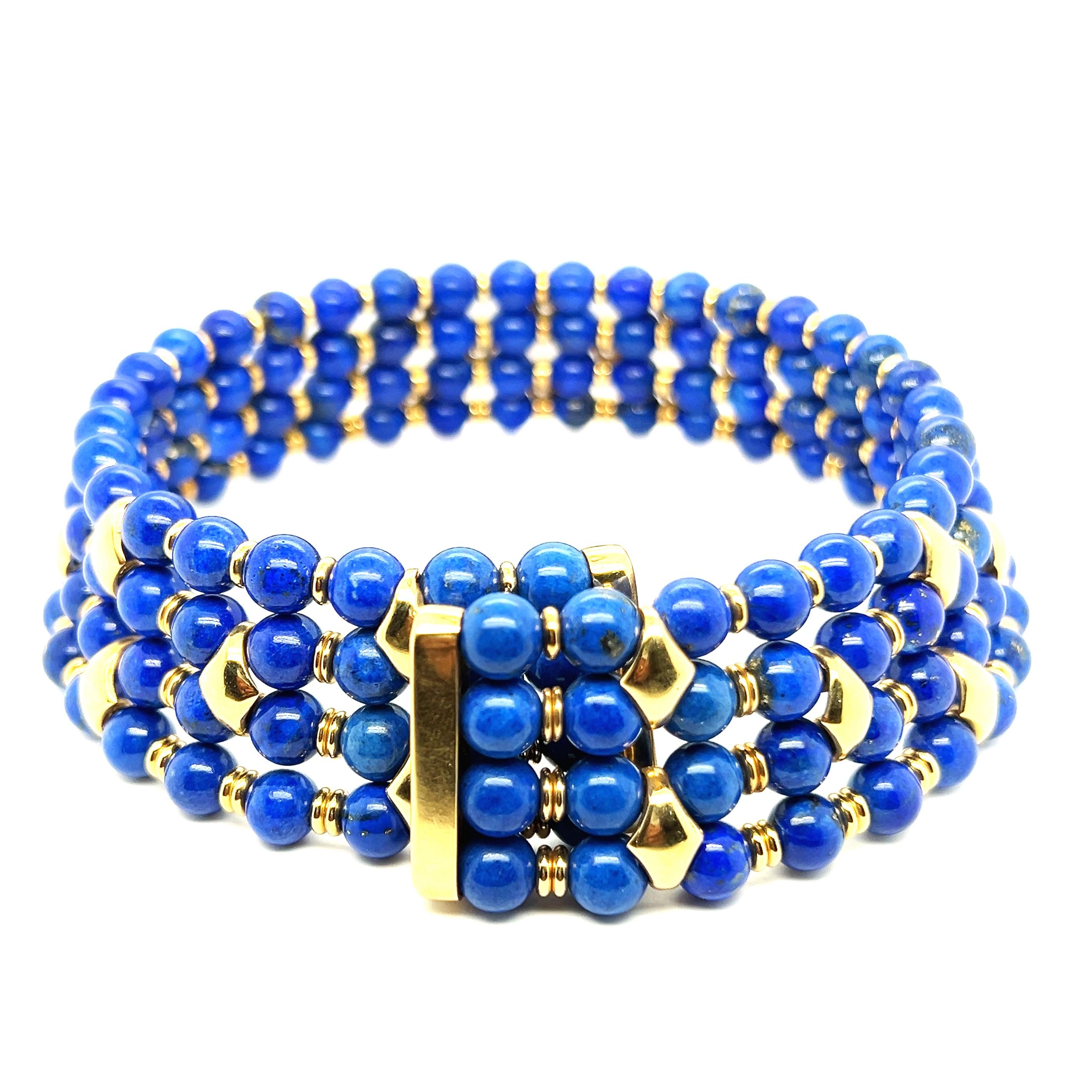 Beaded Collar Nacklace with Lapis Lazuli and Diamonds in 18 Karat Yellow Gold For Sale 4