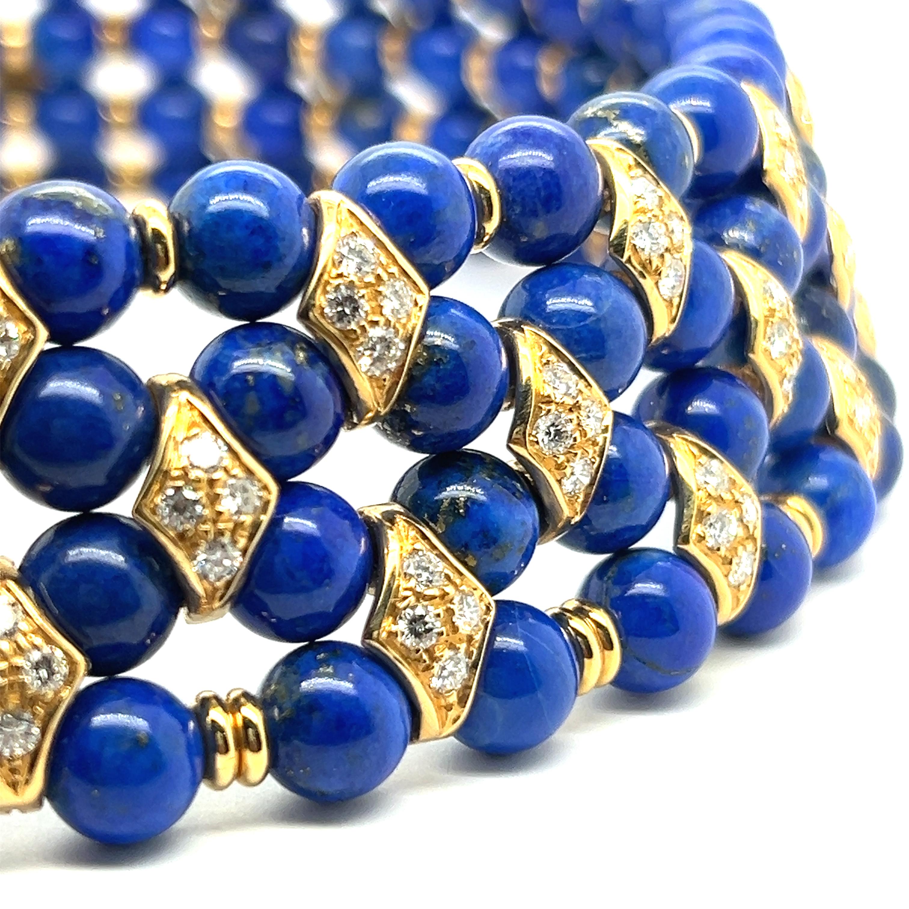 Round Cut Beaded Collar Nacklace with Lapis Lazuli and Diamonds in 18 Karat Yellow Gold For Sale
