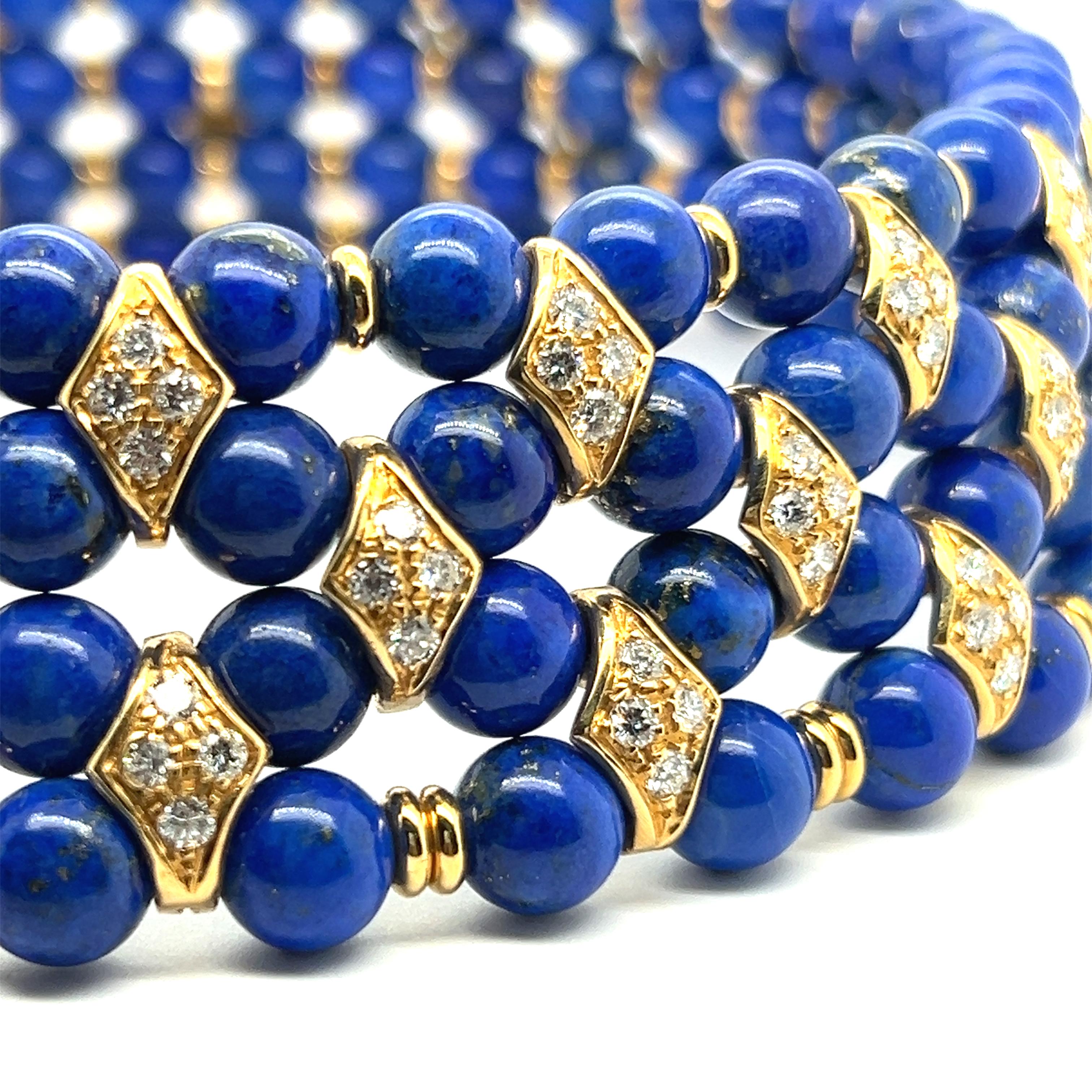 Women's or Men's Beaded Collar Nacklace with Lapis Lazuli and Diamonds in 18 Karat Yellow Gold For Sale