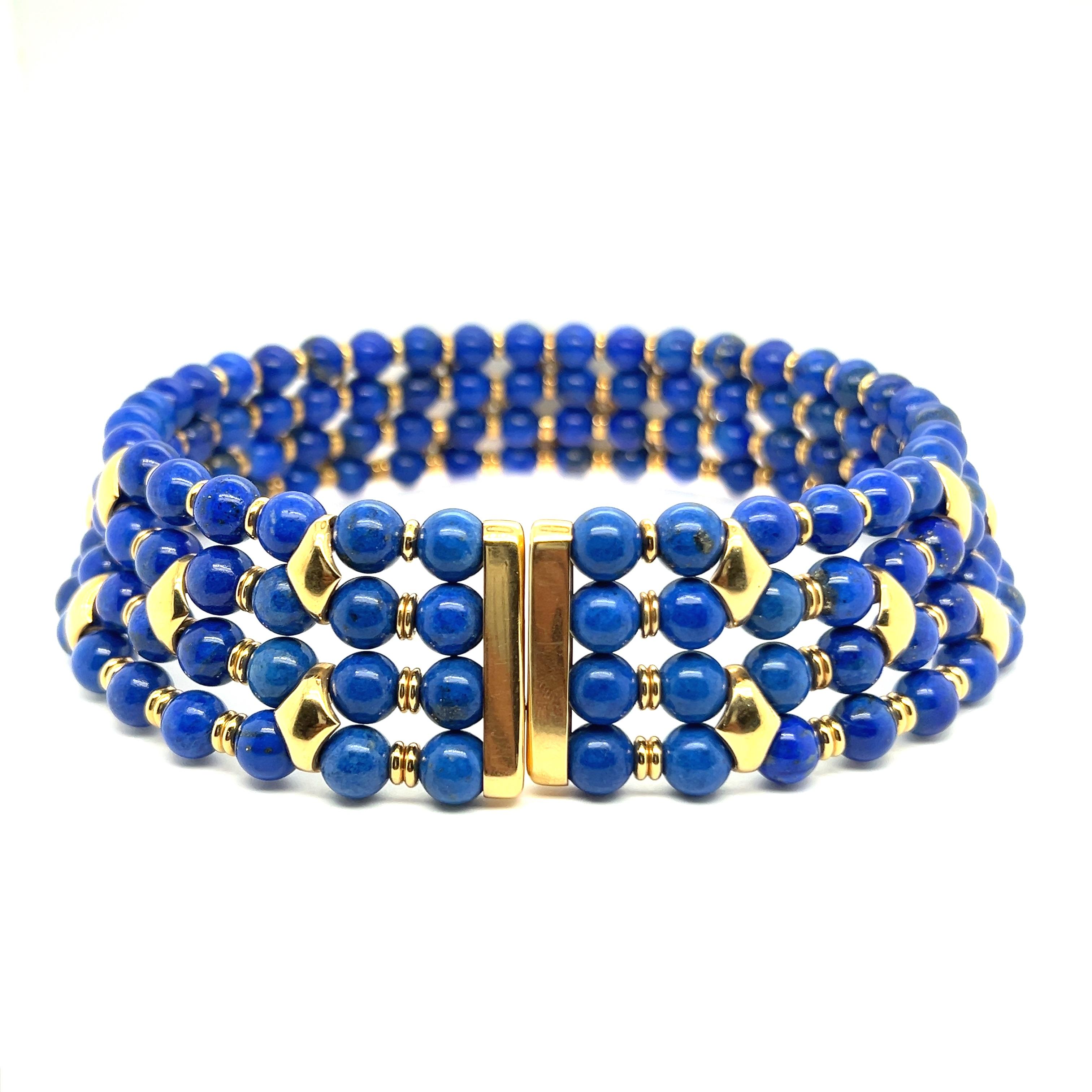 Beaded Collar Nacklace with Lapis Lazuli and Diamonds in 18 Karat Yellow Gold For Sale 3