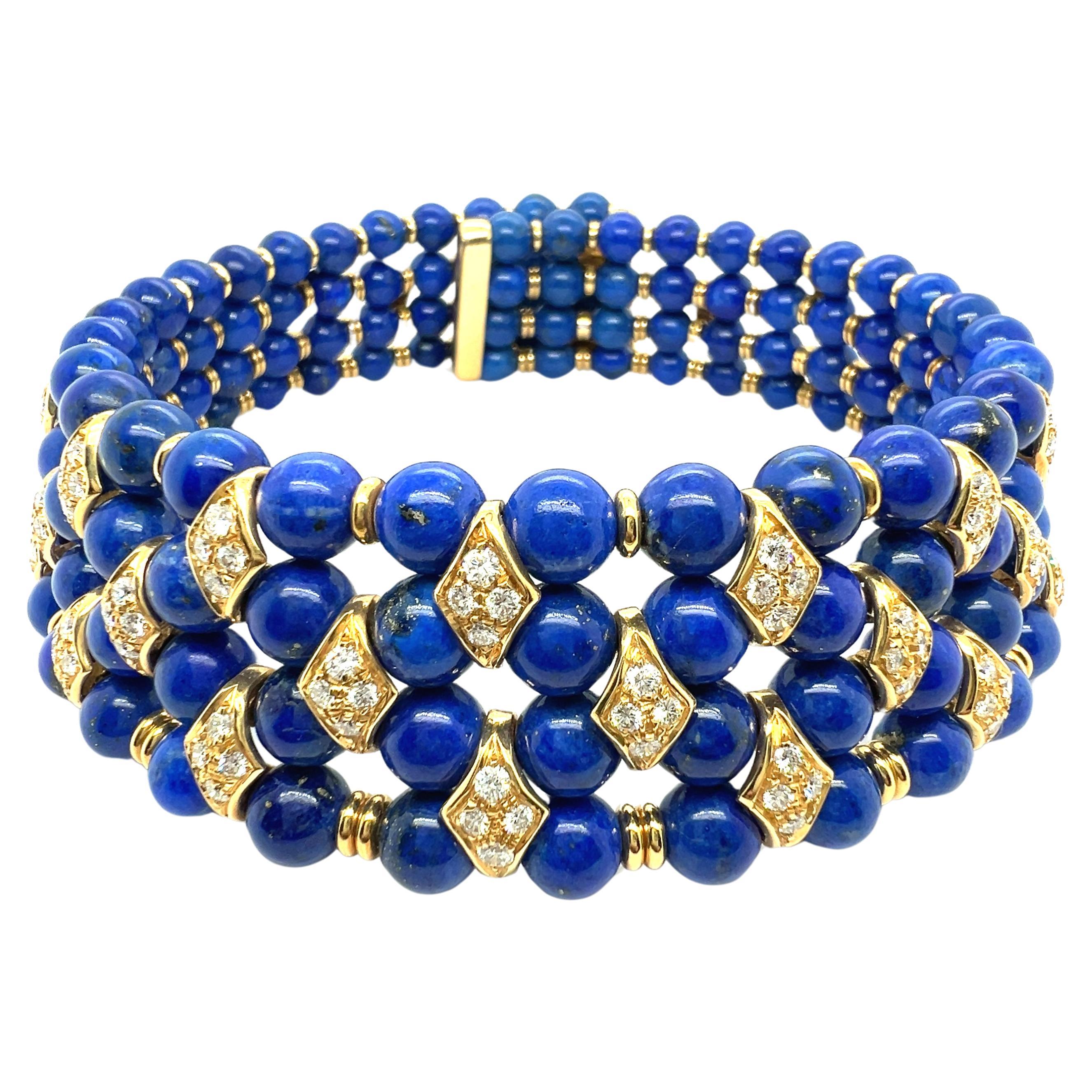 Beaded Collar Nacklace with Lapis Lazuli and Diamonds in 18 Karat Yellow Gold For Sale