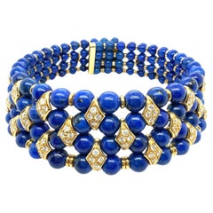 Perlenhalsband-Halskette mit Lapislazuli und Diamanten aus 18 Karat Gelbgold