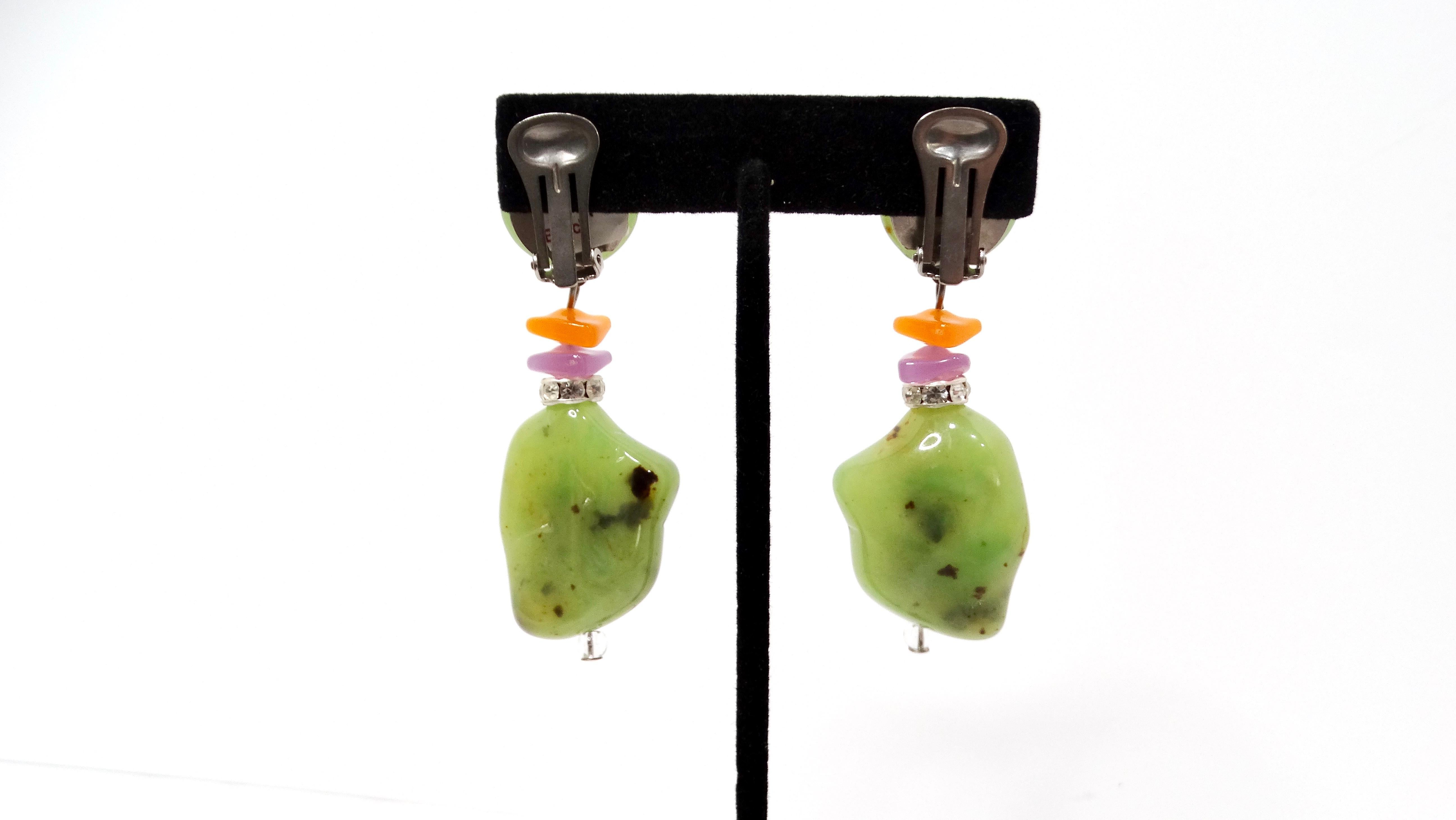 Women's Beaded Colorful Costume Jade Dangle Clip-On Earrings For Sale