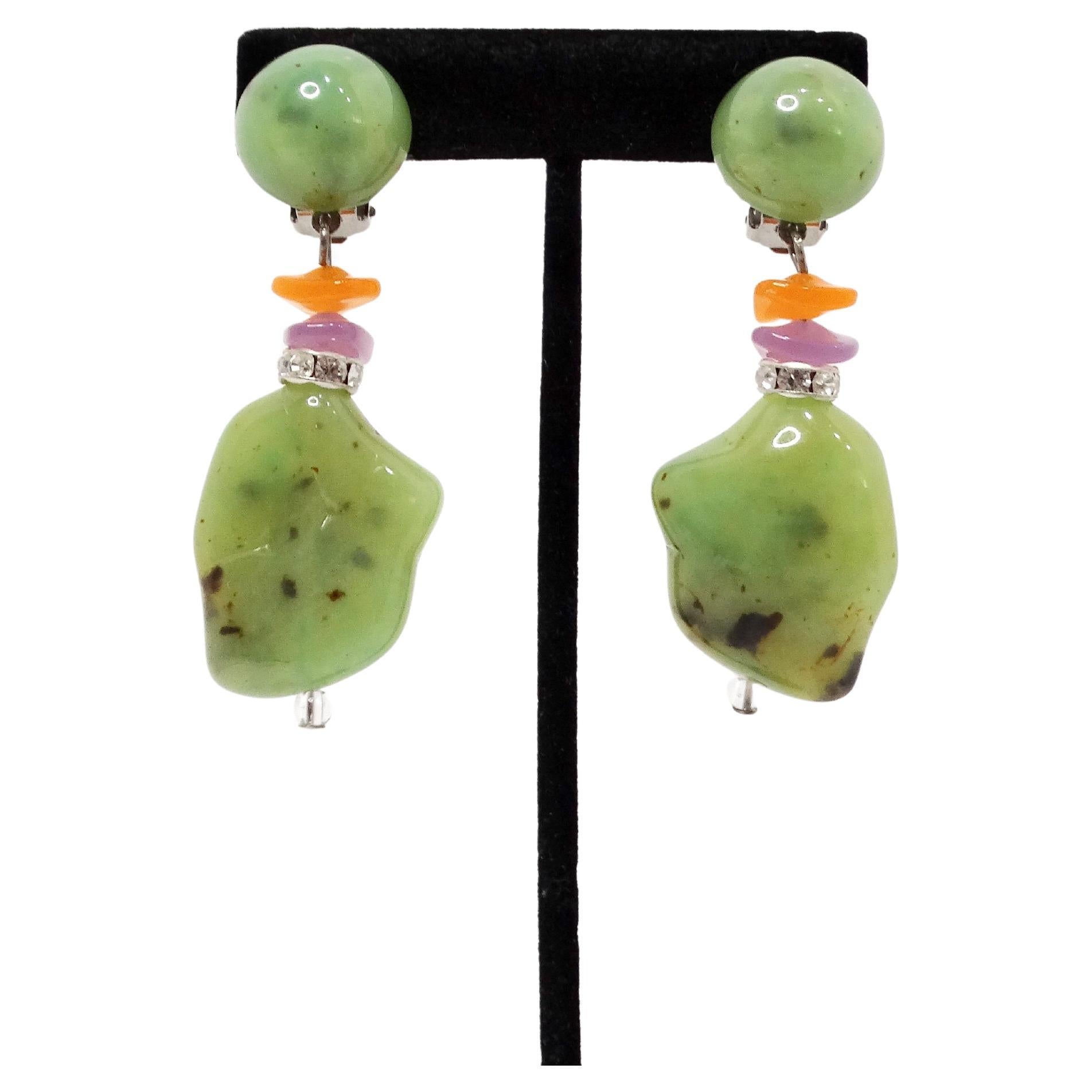 Beaded Colorful Costume Jade Dangle Clip-On Earrings For Sale