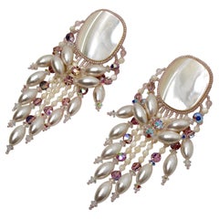 Beaded Costume Pearl Drop Chandelier Clip-On Earrings circa 1980s
