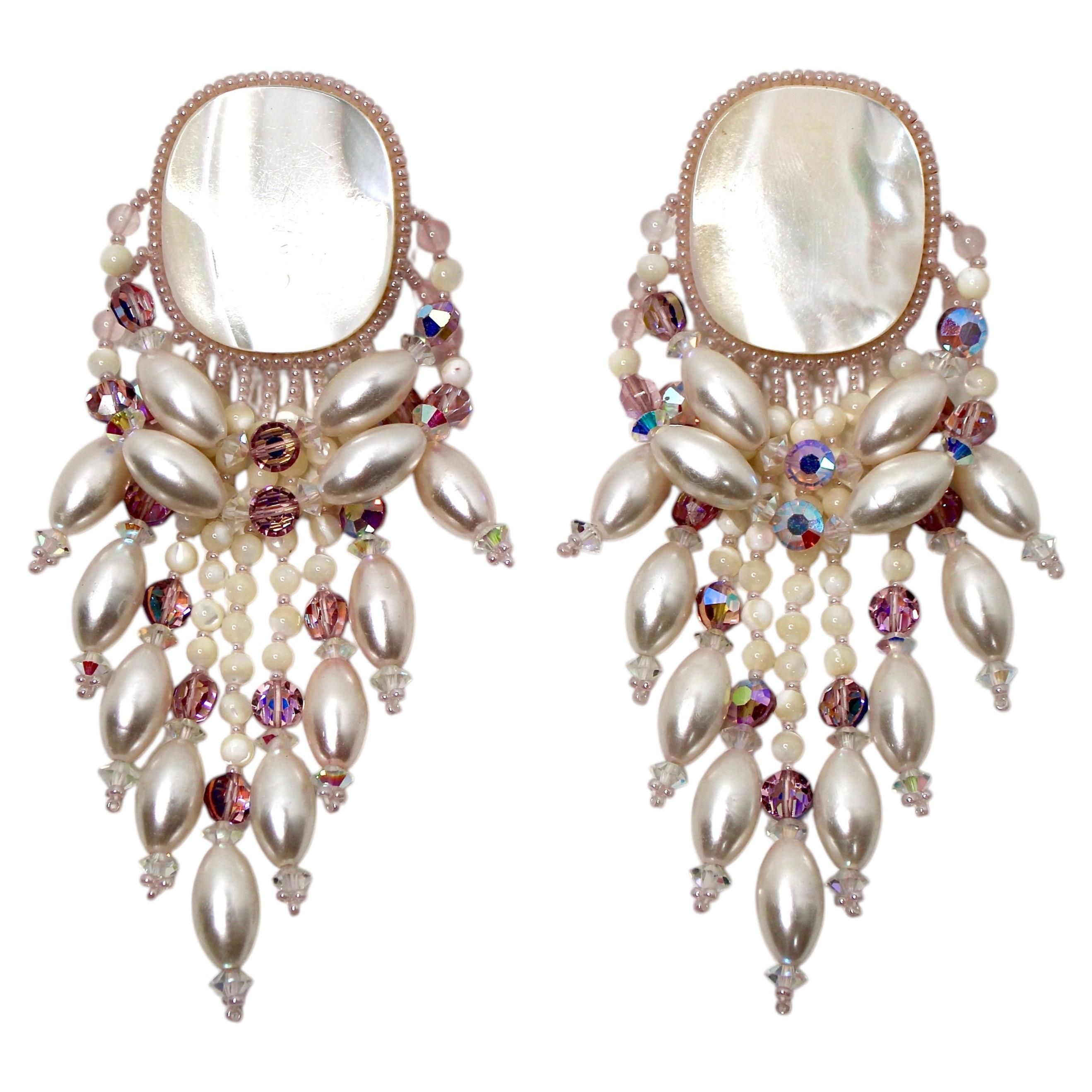 Beaded Costume Pearl Drop Chandelier Clip-On Earrings circa 1980s