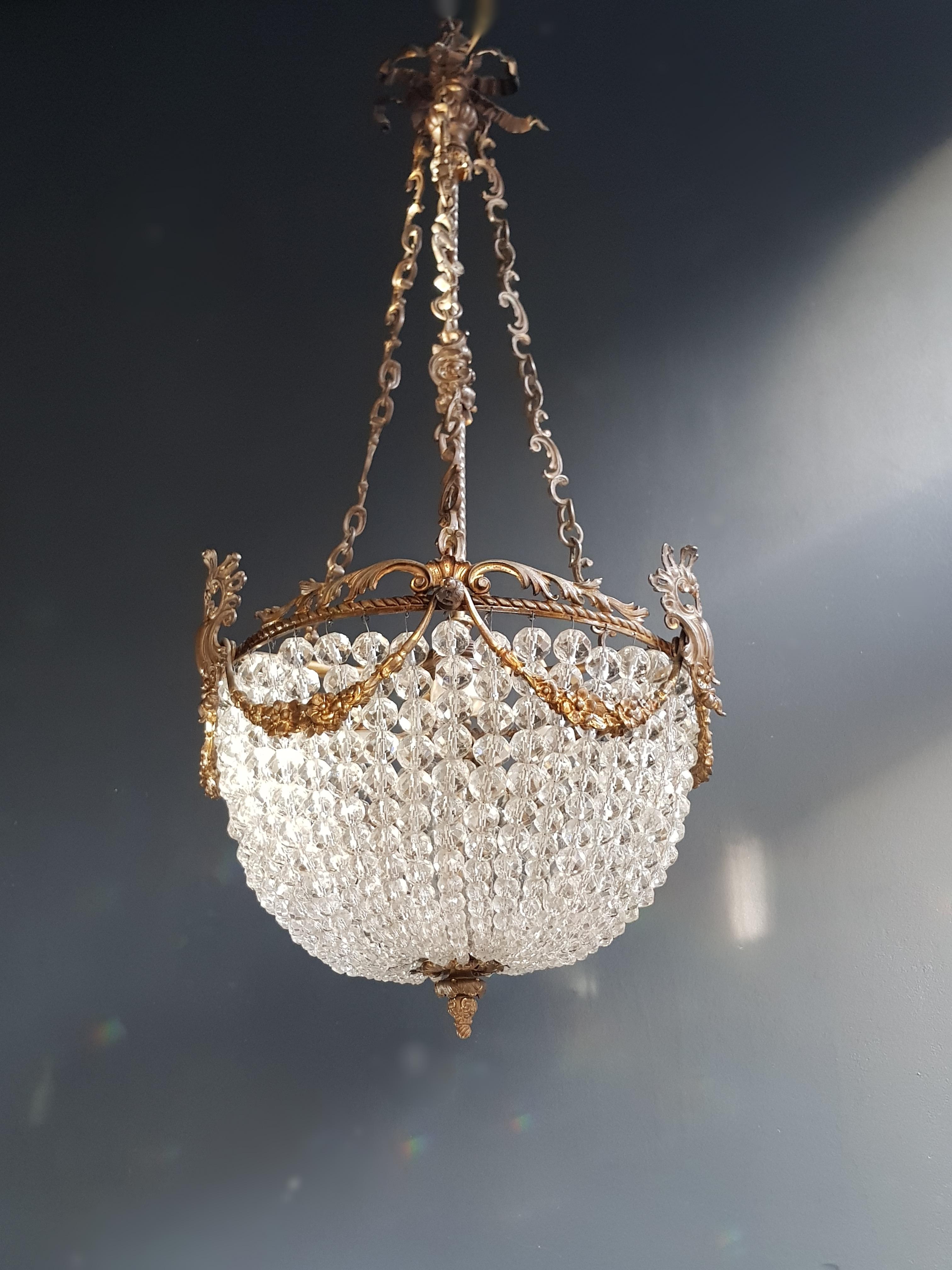 Italian Beaded Crystal Basket Chandelier Antique Ceiling Lamp Lustre Art Nouveau