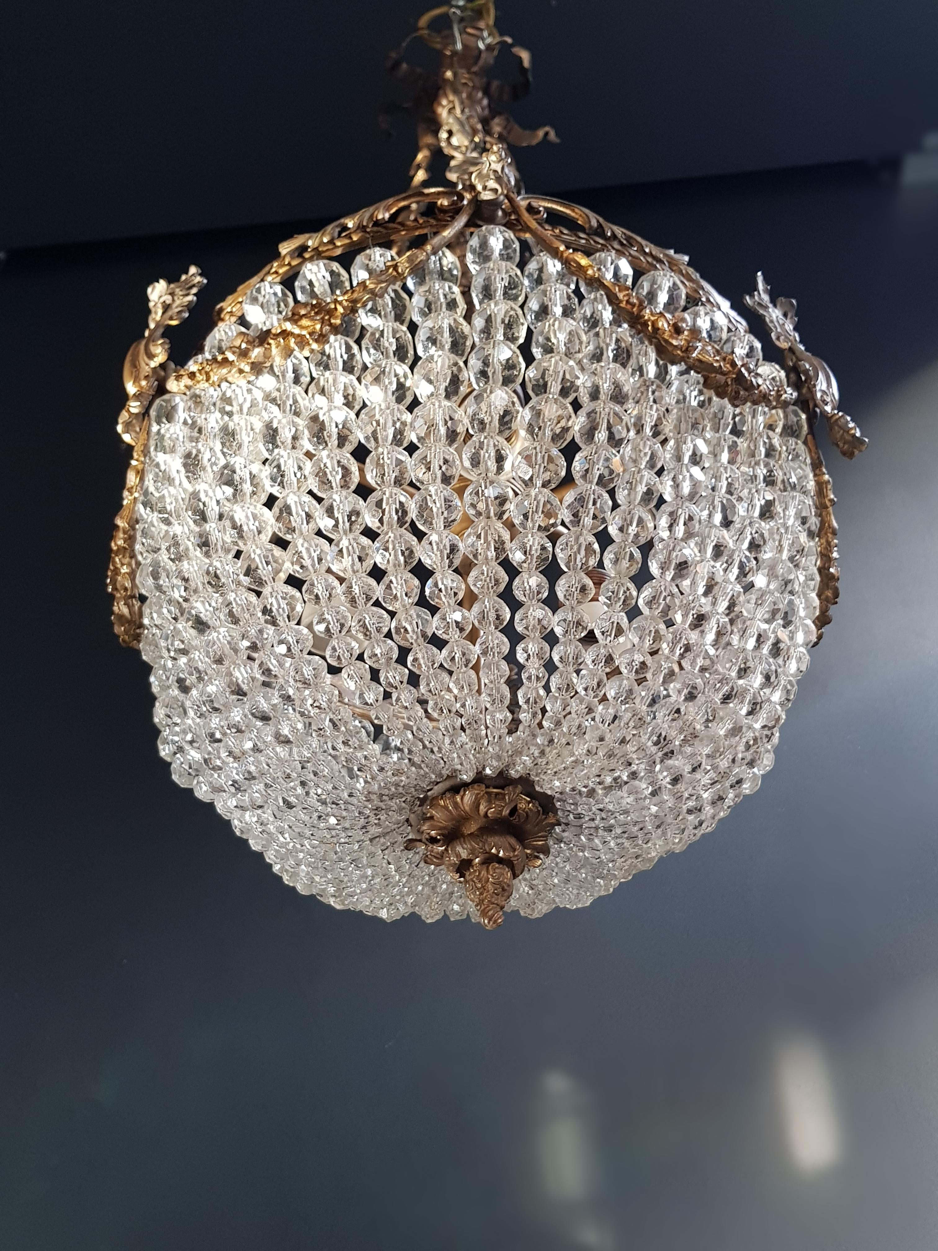 Hand-Crafted Beaded Crystal Basket Chandelier Antique Ceiling Lamp Lustre Art Nouveau