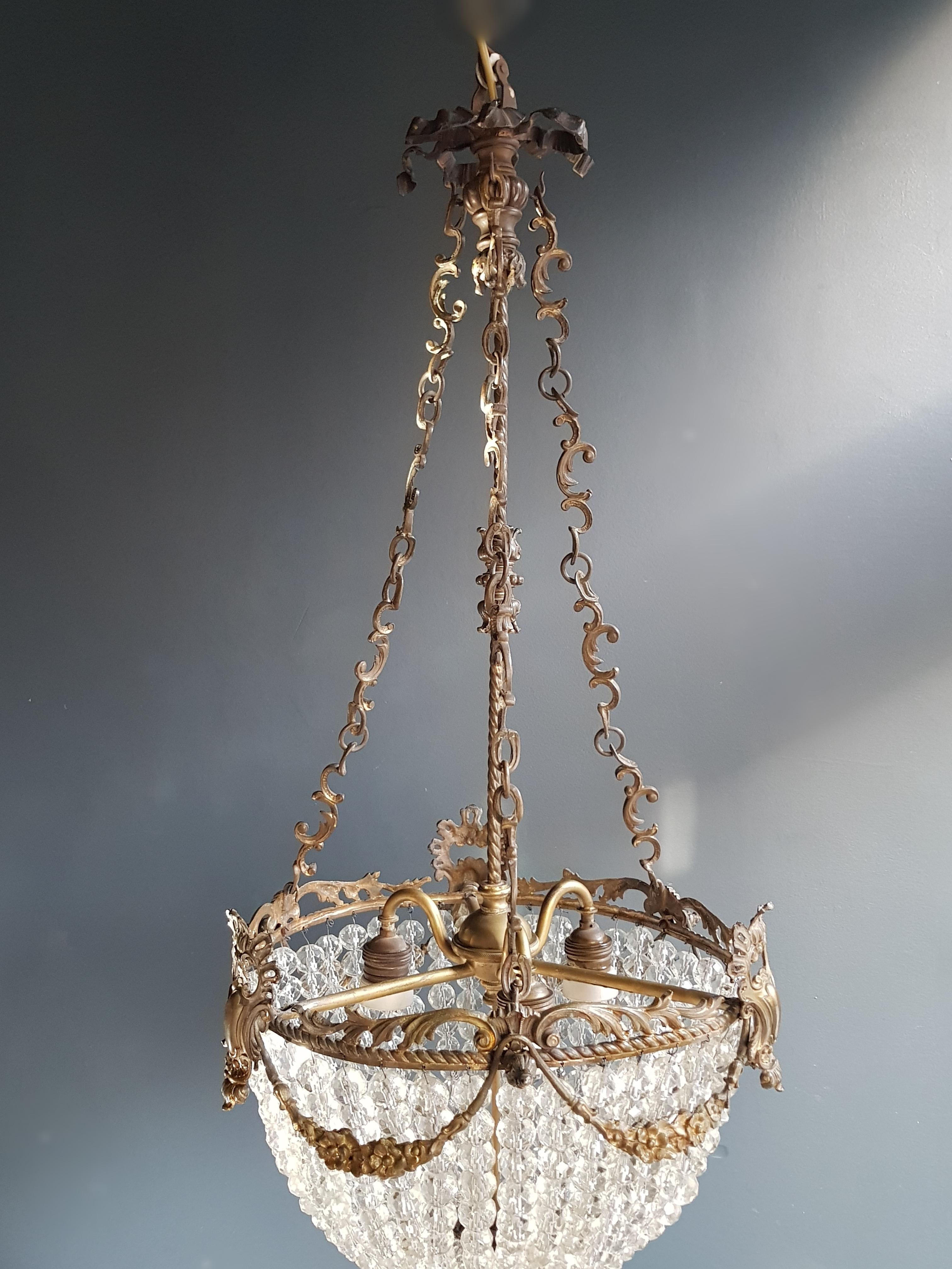 Early 20th Century Beaded Crystal Basket Chandelier Antique Ceiling Lamp Lustre Art Nouveau