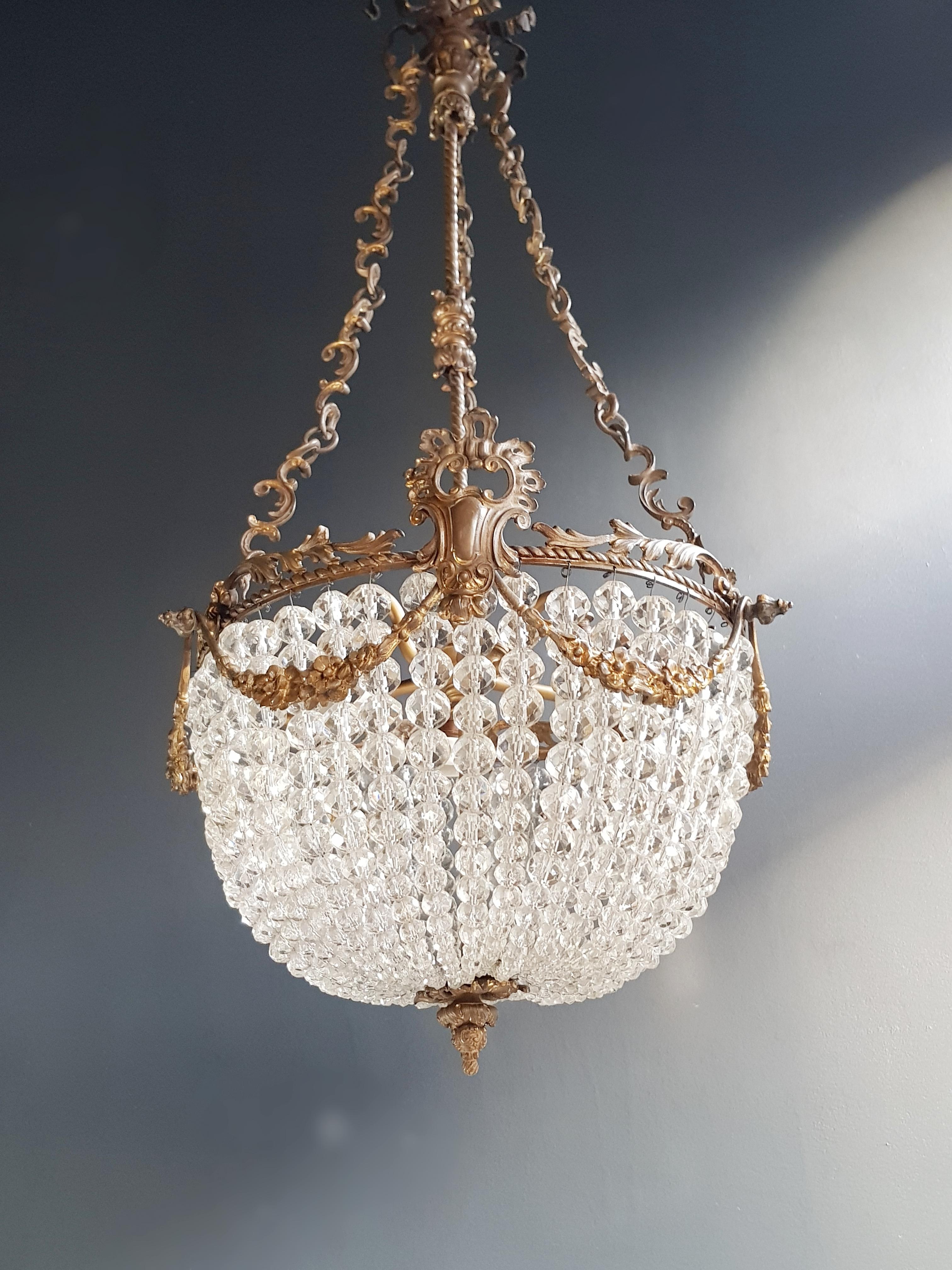 Beaded Crystal Basket Chandelier Antique Ceiling Lamp Lustre Art Nouveau 1