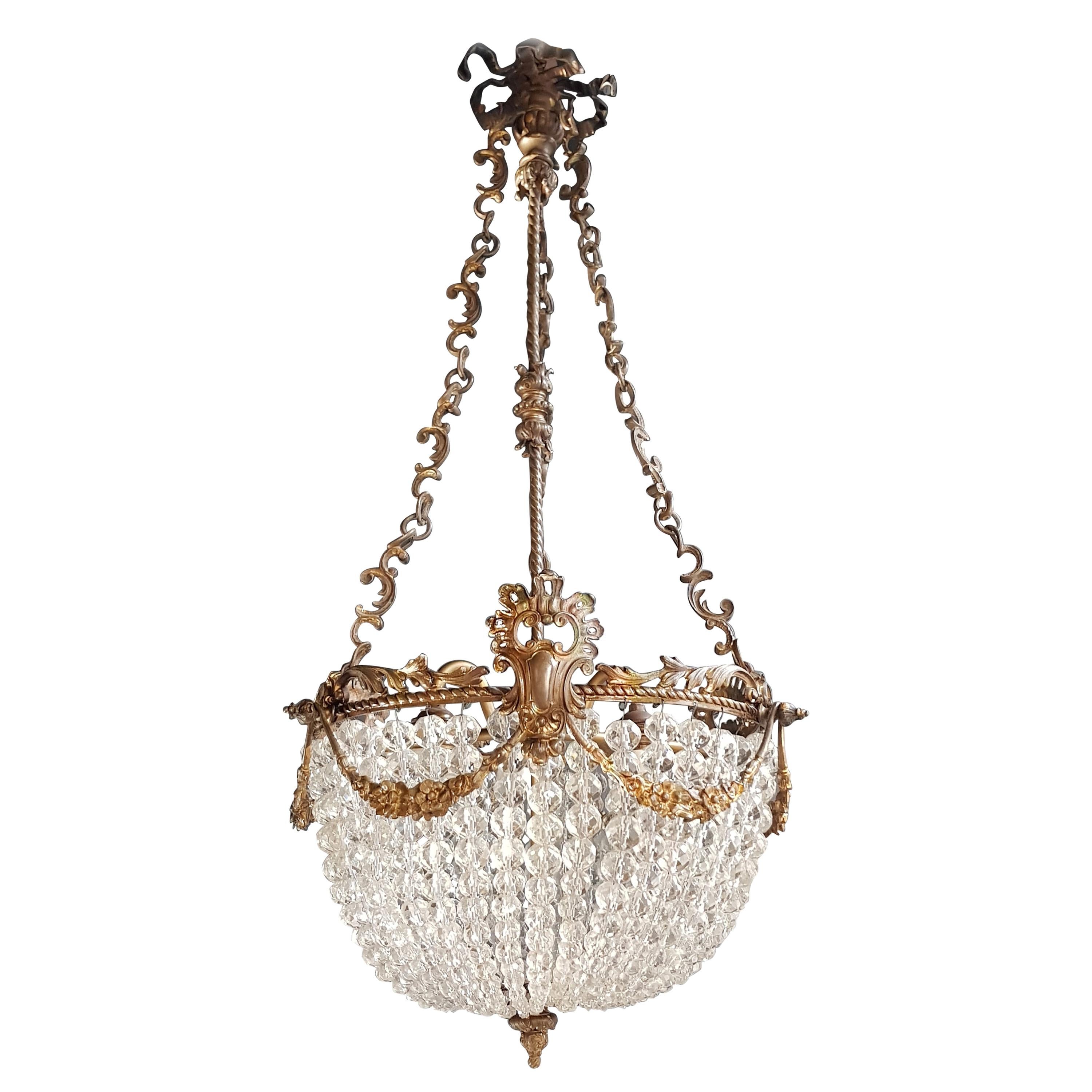 Beaded Crystal Basket Chandelier Antique Ceiling Lamp Lustre Art Nouveau