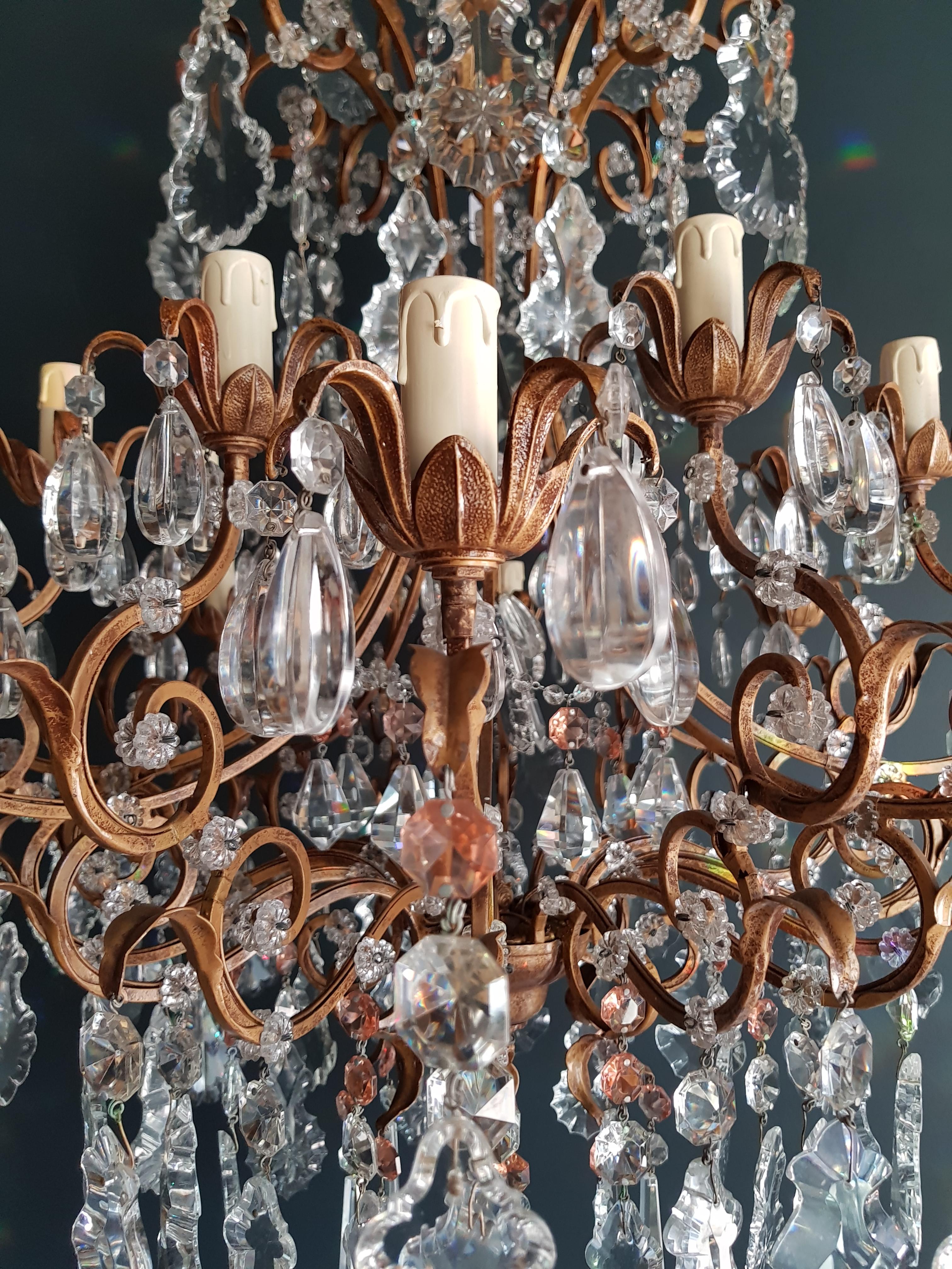 Beaded Crystal Chandelier Antique Ceiling Lamp Florentiner Lustre Art Nouveau In Excellent Condition In Berlin, DE
