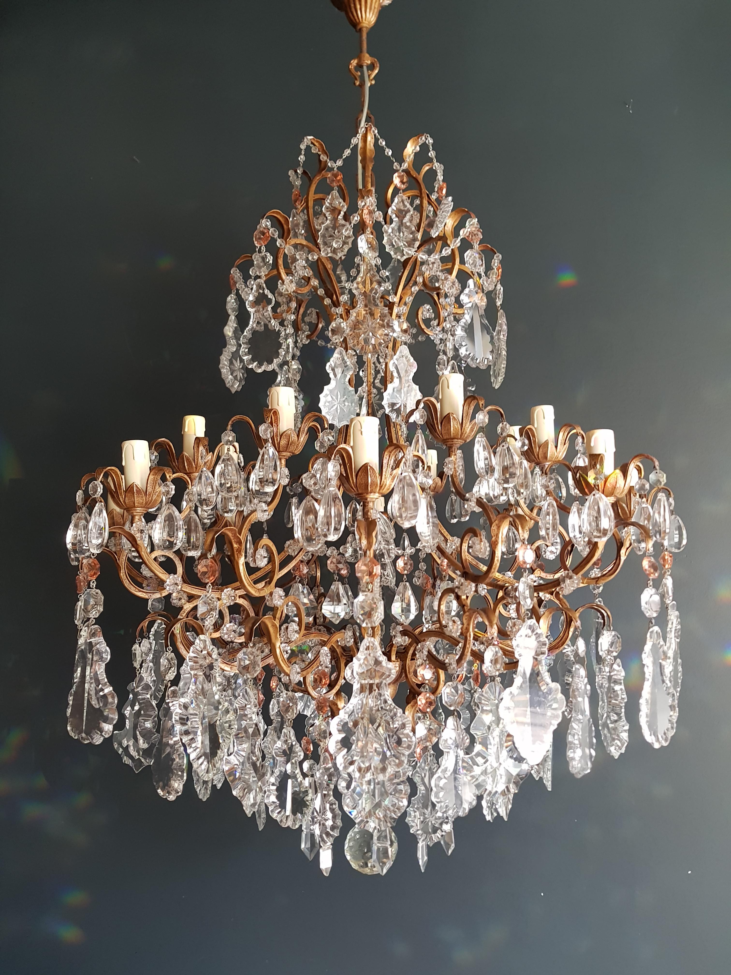 Early 20th Century Beaded Crystal Chandelier Antique Ceiling Lamp Florentiner Lustre Art Nouveau