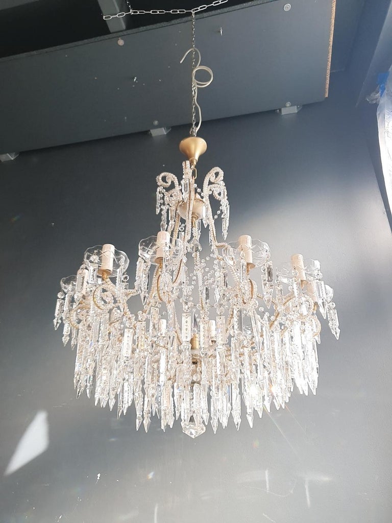 Beaded Crystal Chandelier Antique Ceiling Lamp Lustre Art Nouveau 2 Pieces, Pair For Sale 11