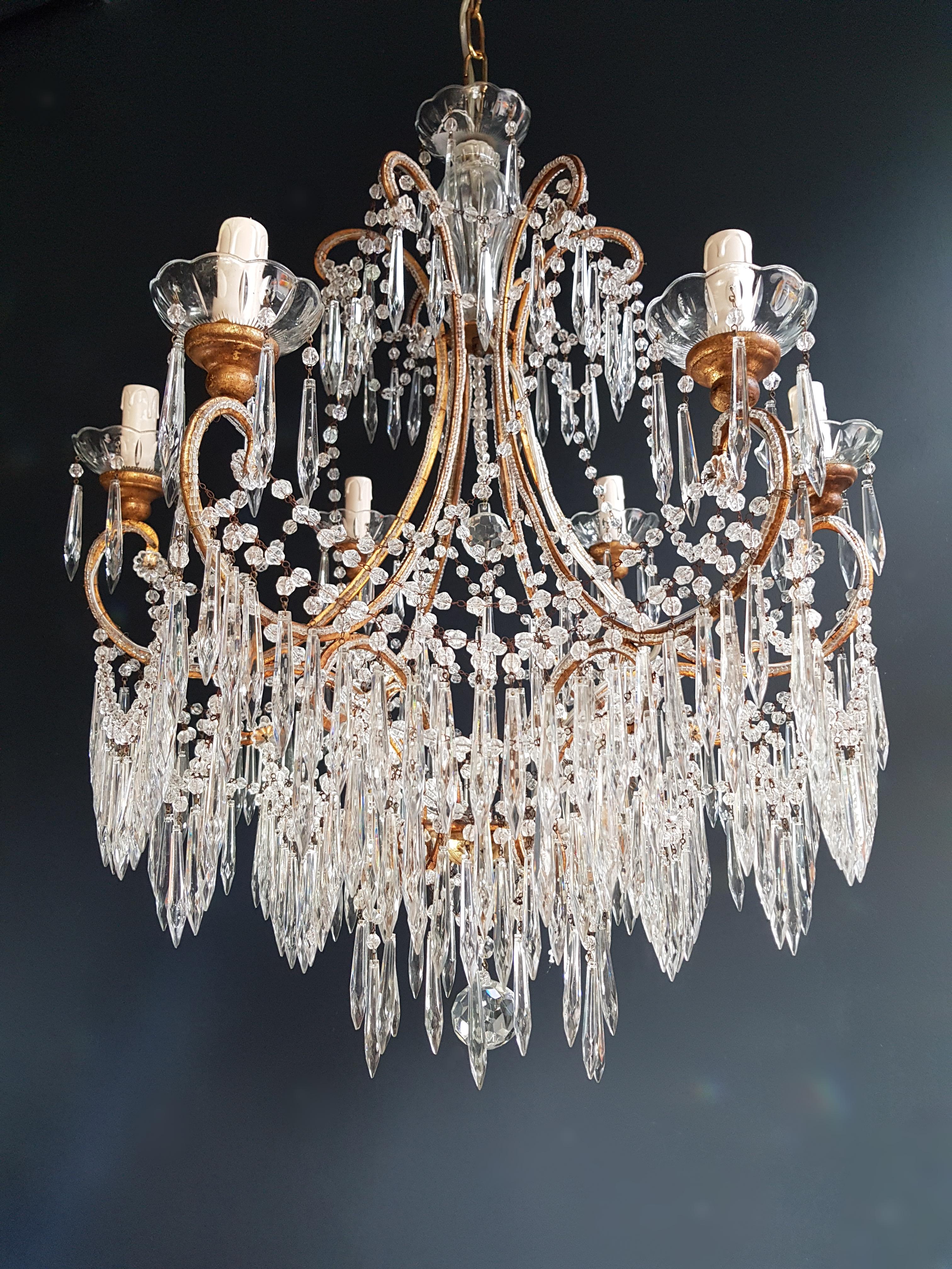 Beaded Crystal Chandelier Antique Ceiling Lamp Lustre Art Nouveau Wood (Barock)