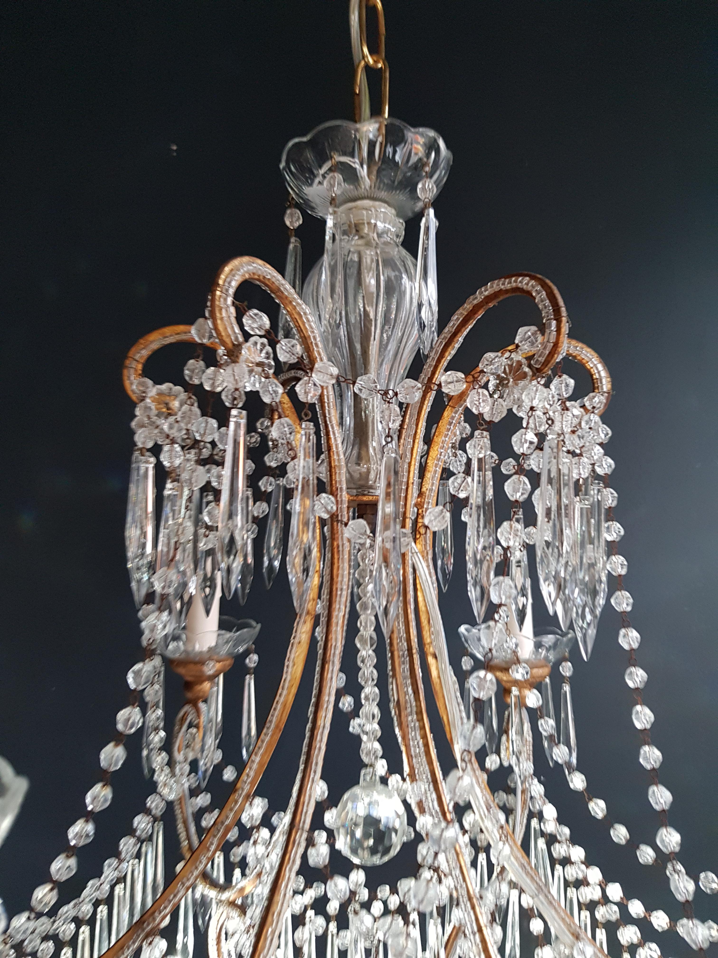Beaded Crystal Chandelier Antique Ceiling Lamp Lustre Art Nouveau Wood (Handgefertigt)