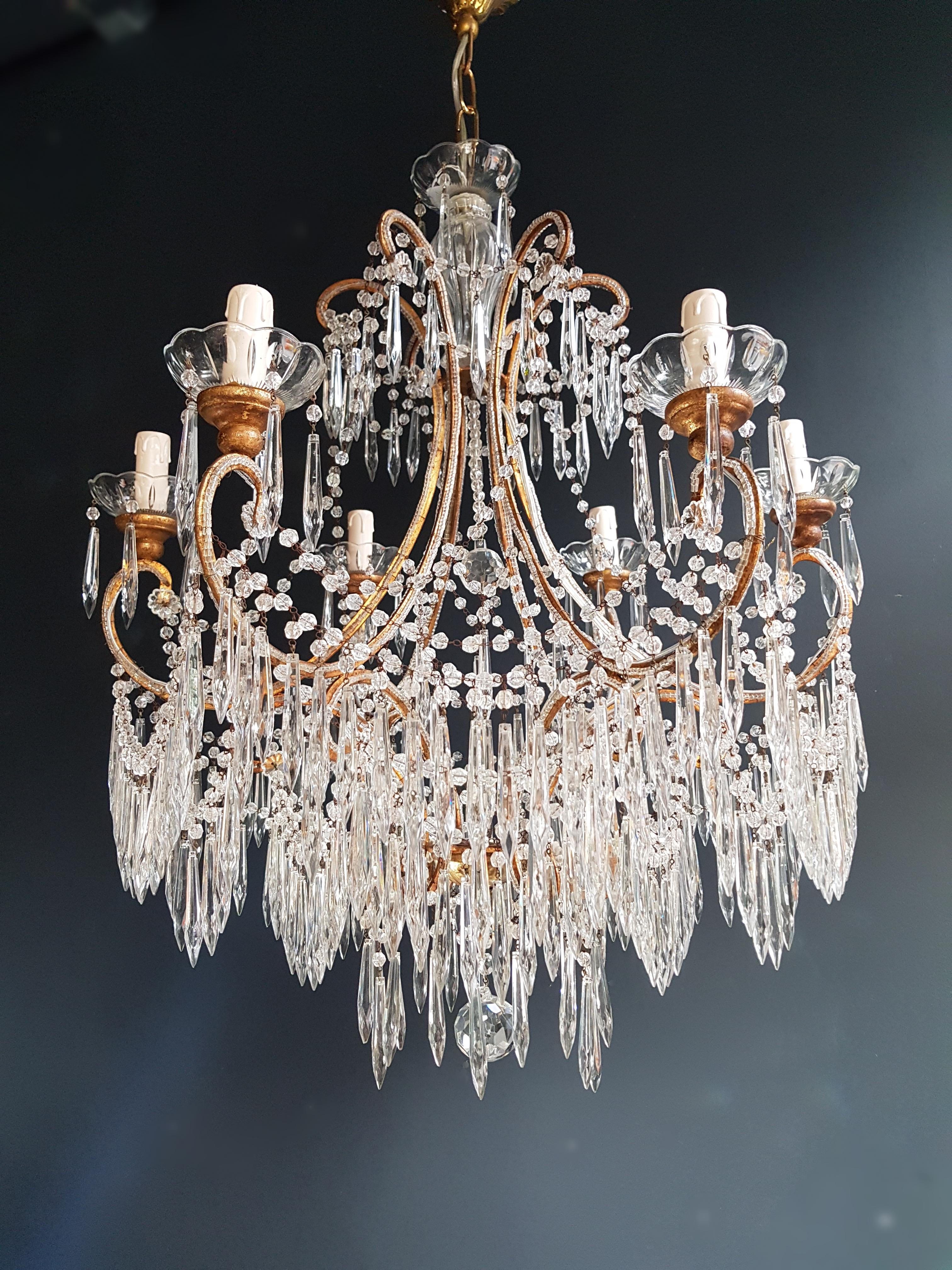 Beaded Crystal Chandelier Antique Ceiling Lamp Lustre Art Nouveau Wood im Zustand „Gut“ in Berlin, DE