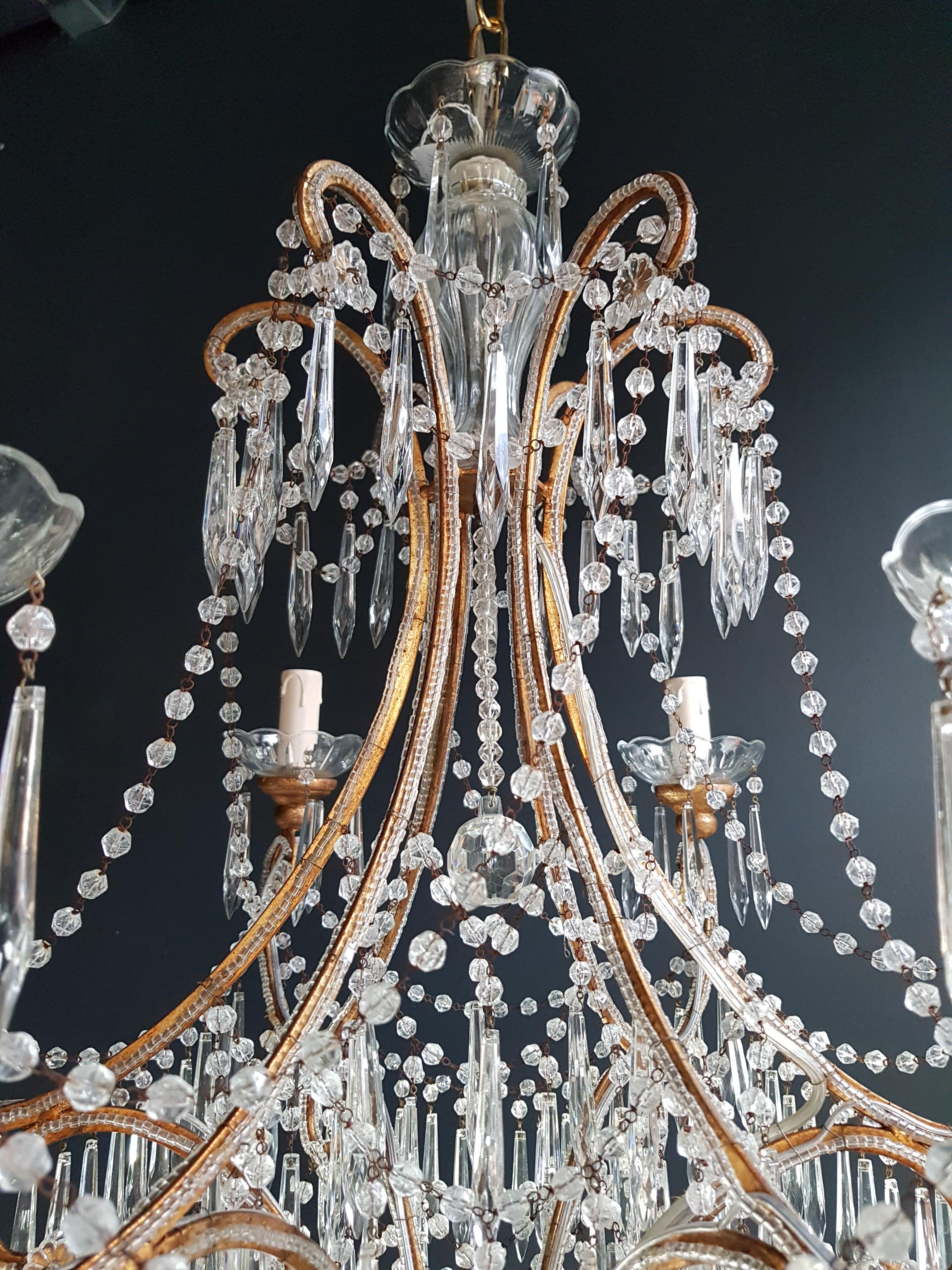 Beaded Crystal Chandelier Antique Ceiling Lamp Lustre Art Nouveau Wood (Mitte des 20. Jahrhunderts)