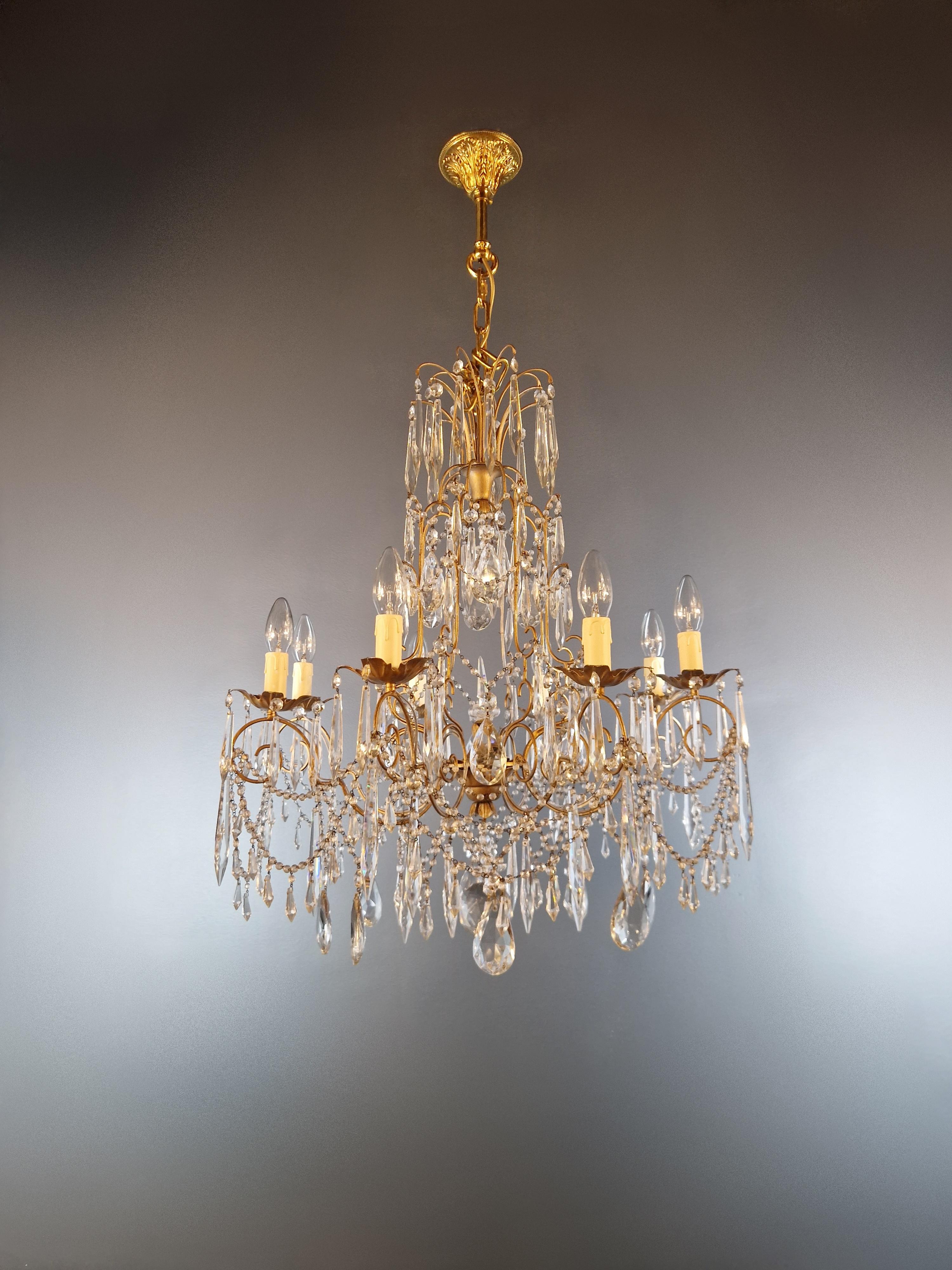 Archaistic Beaded Crystal Chandelier Art Deco Art Nouveau Brass Pearl Gold Elegant 1930 For Sale