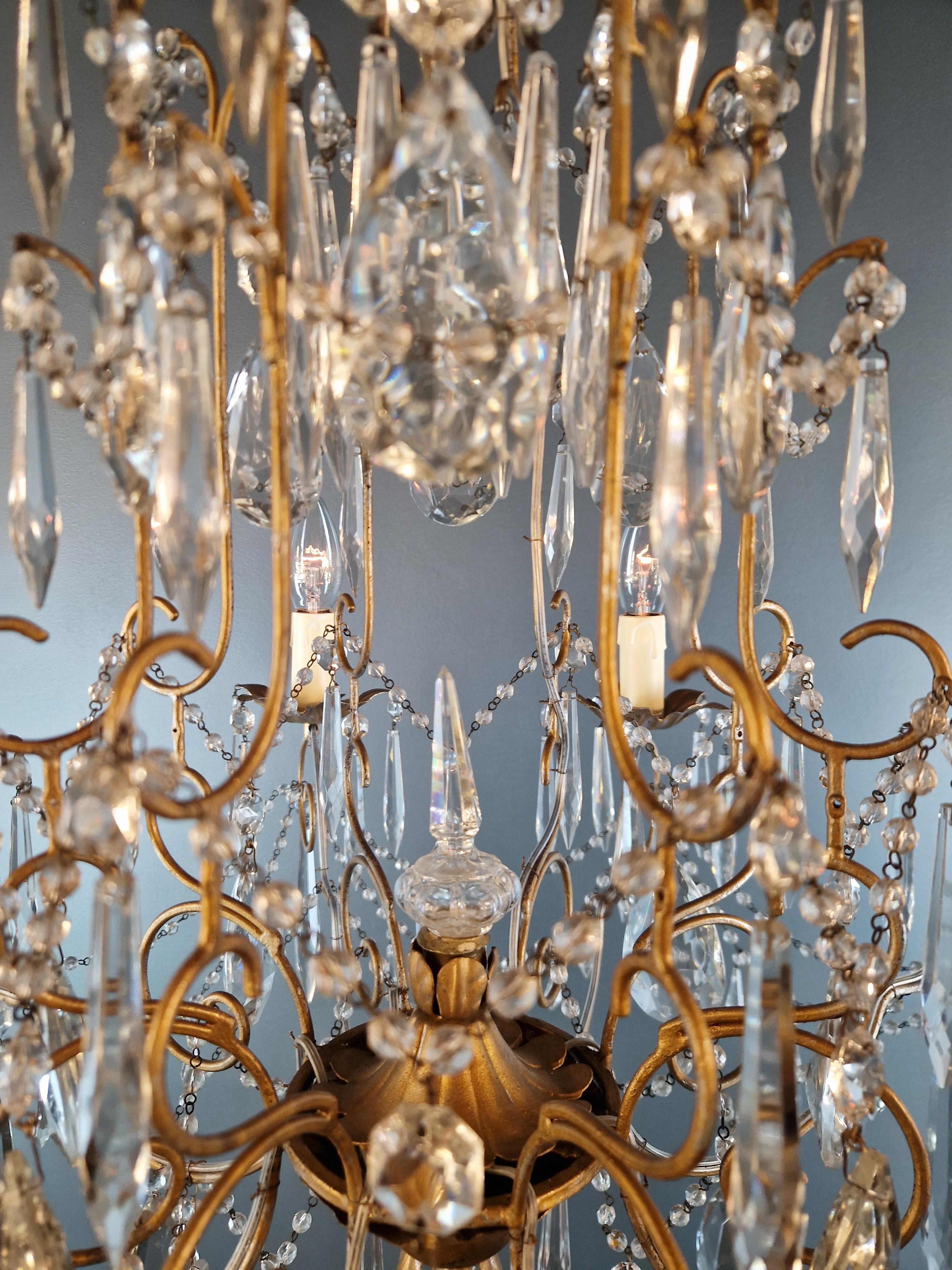 Beaded Crystal Chandelier Art Deco Art Nouveau Brass Pearl Gold Elegant 1930 For Sale 2