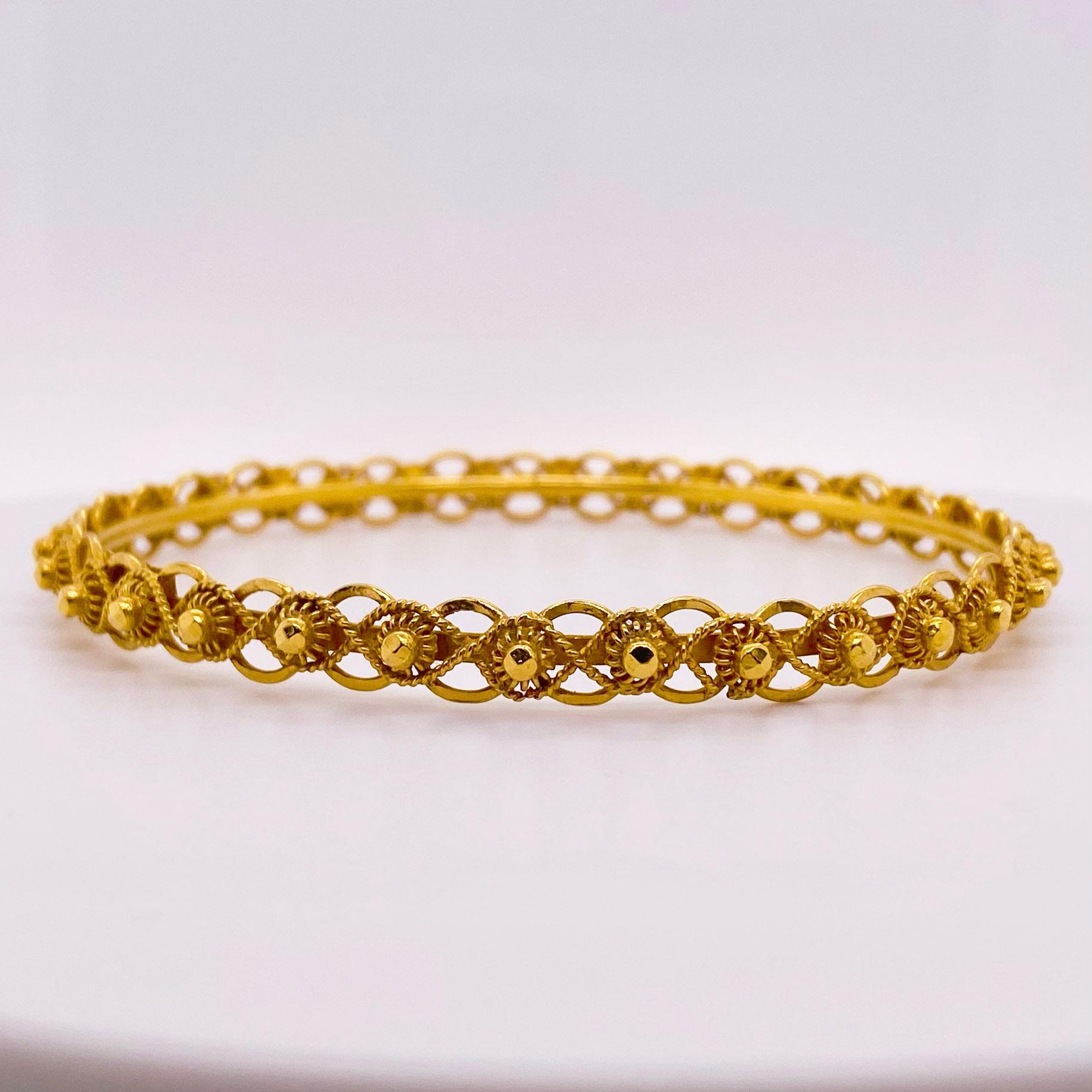Modern Beaded Custom Bangle Bracelet, 21 Karat Yellow Gold, Twisted, Braided, Milgrain