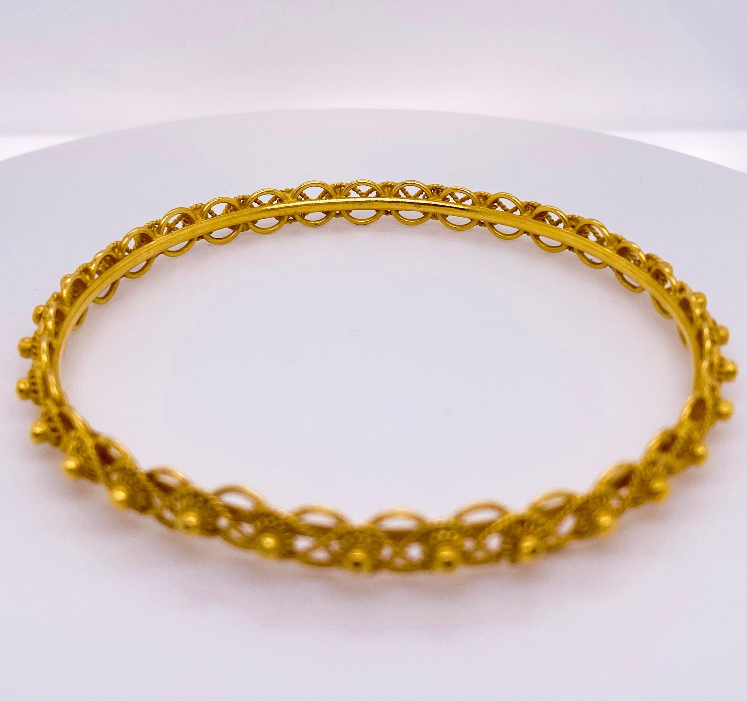 Beaded Custom Bangle Bracelet, 21 Karat Yellow Gold, Twisted, Braided, Milgrain In New Condition In Austin, TX