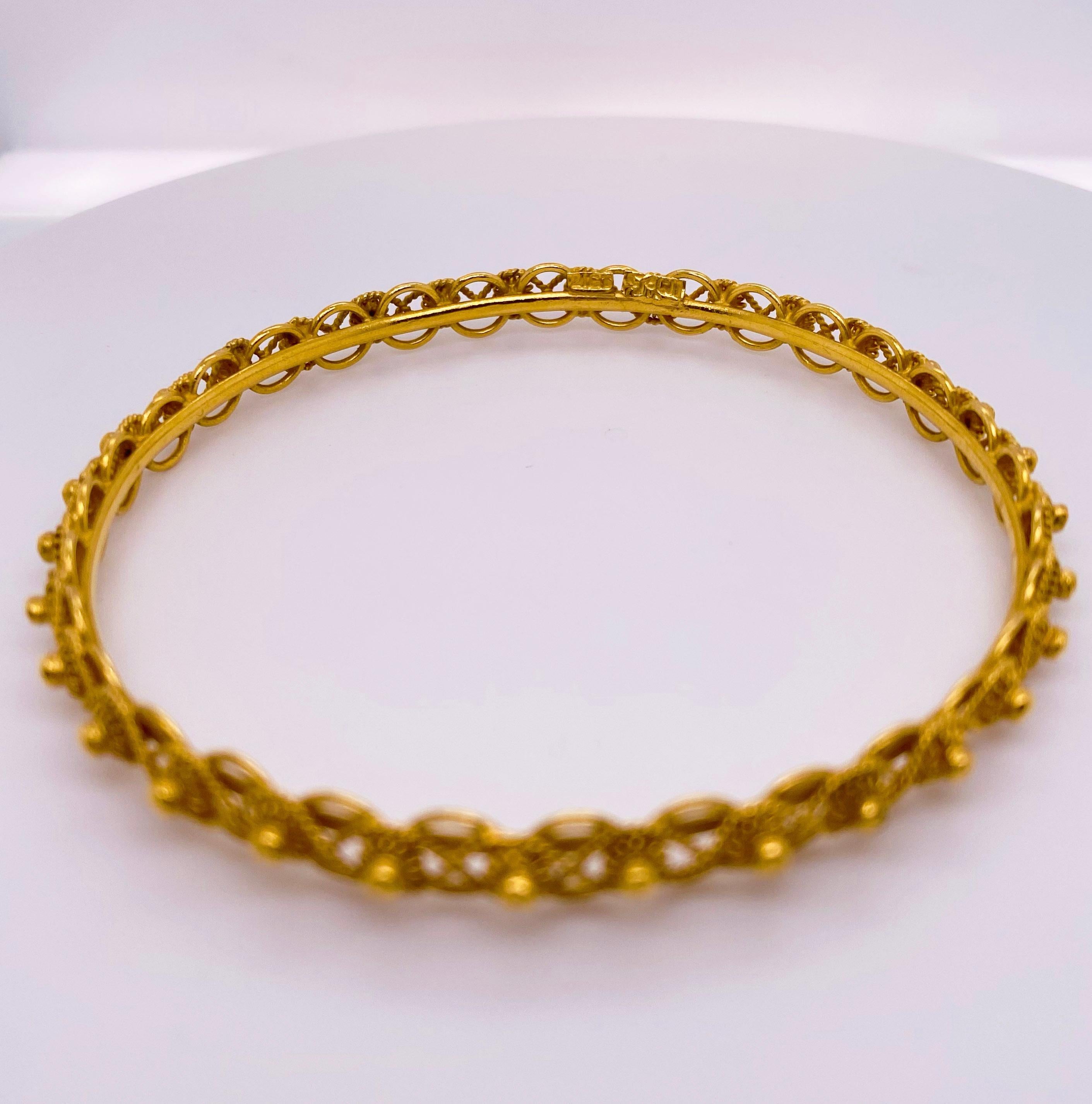 Women's Beaded Custom Bangle Bracelet, 21 Karat Yellow Gold, Twisted, Braided, Milgrain