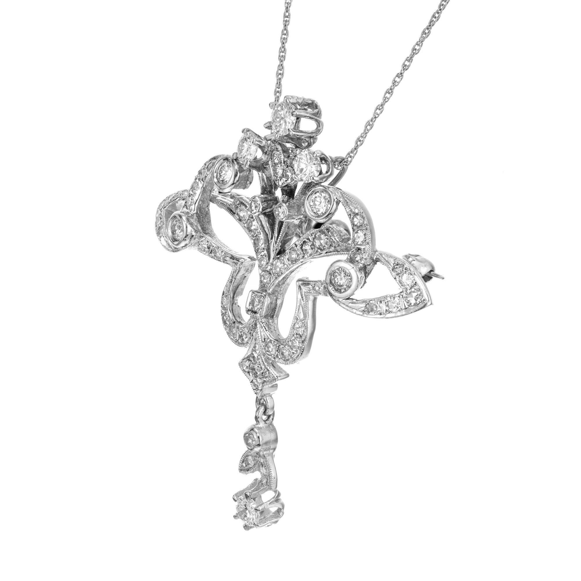 1,05 Karat runder Perlen-Diamant-Weißgold-Halskette mit durchbrochenem Brosche-Anhänger (Rundschliff) im Angebot