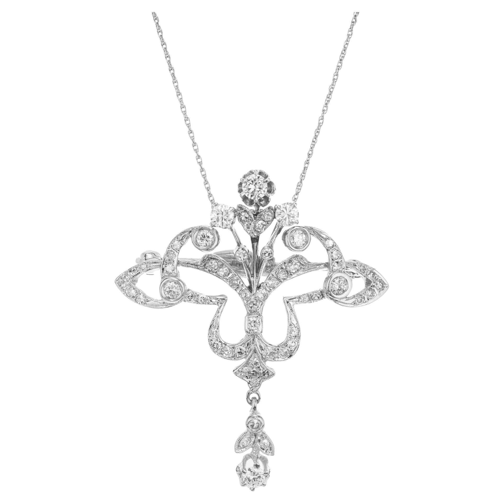 1.05 Carat Round Beaded Diamond White Gold Open Work Brooch Pendant Necklace For Sale