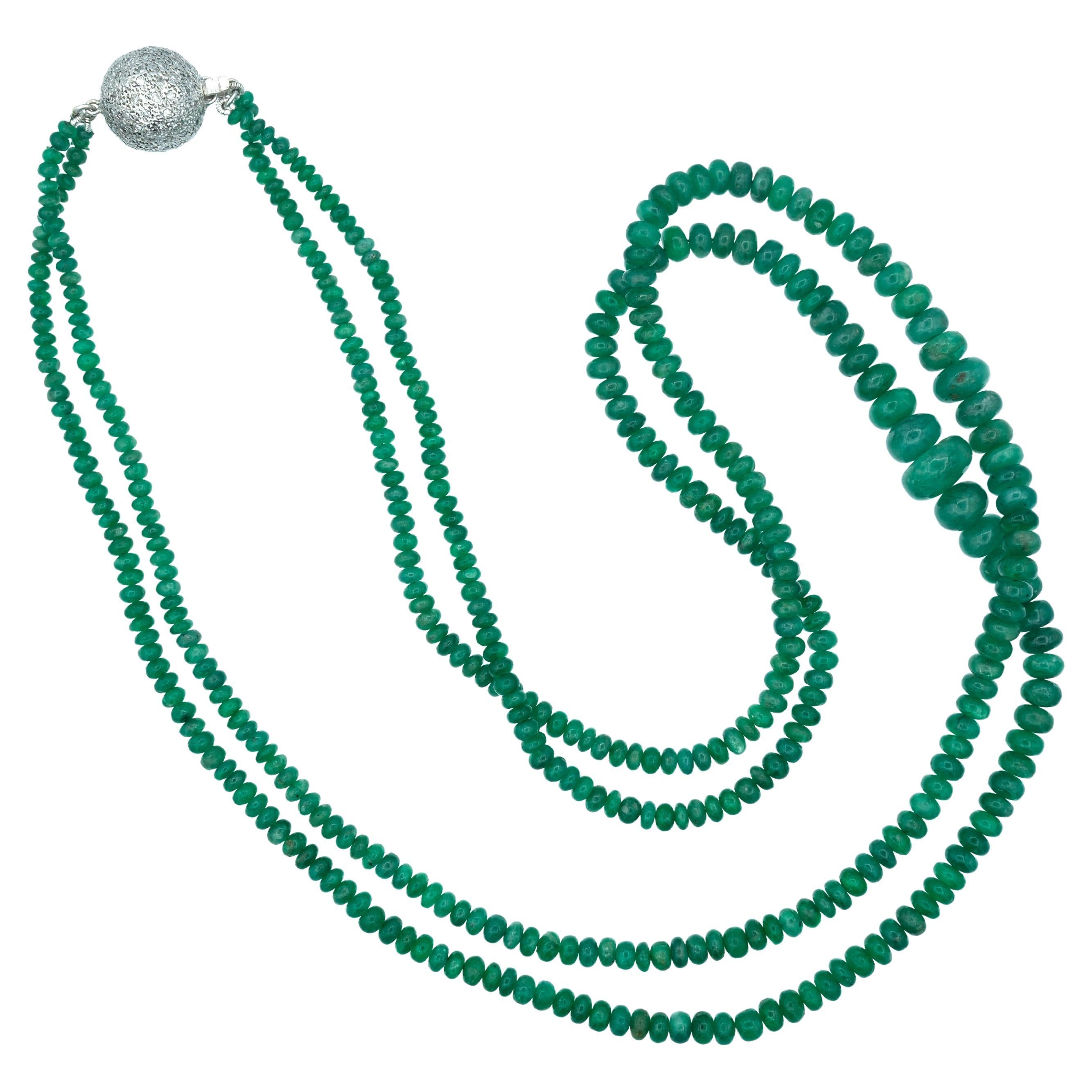 Beaded 125 Carats Emerald Necklace with 14 Karat White Gold Diamond Pendant For Sale