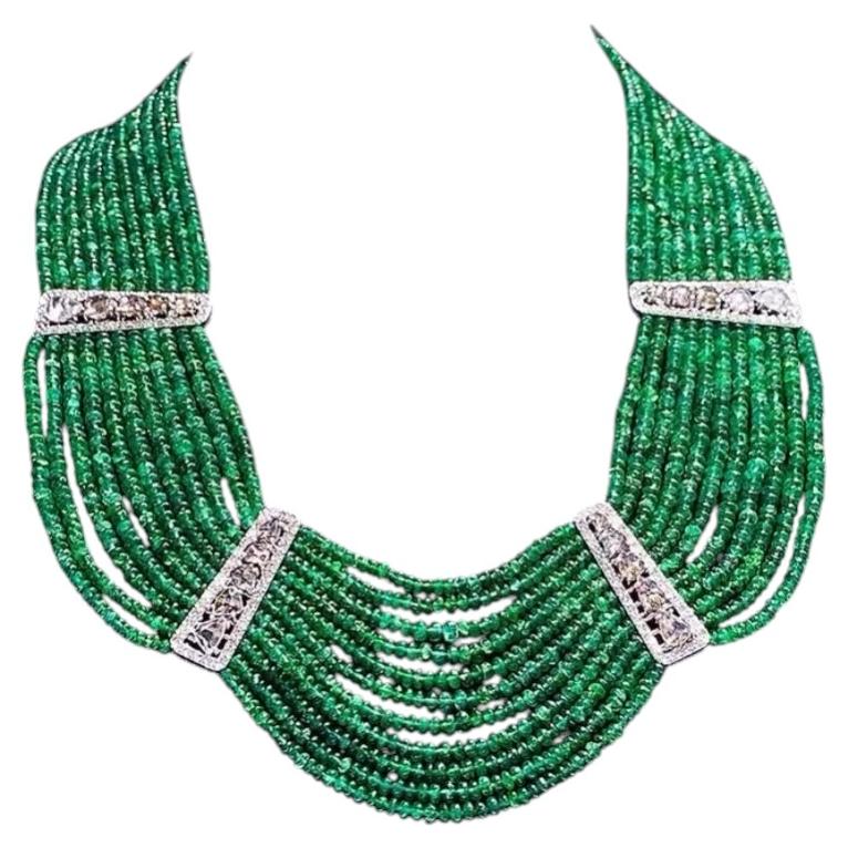 Beaded Emeralds & Diamonds 18k Gold Necklace