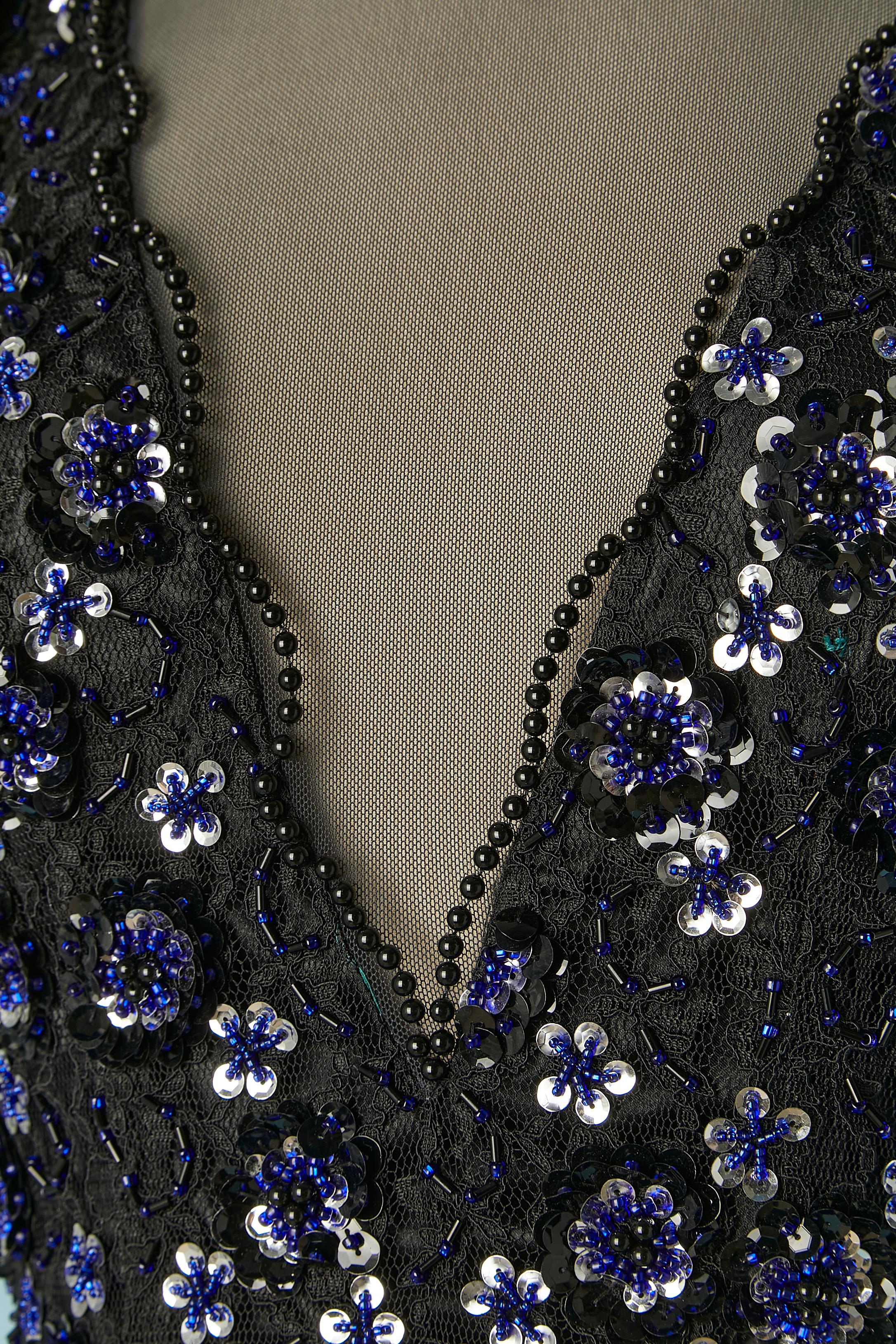 Vestido de noche con cuentas de tul transparente y lentejuelas ZOLA KELLER Circa 1980's Negro en venta