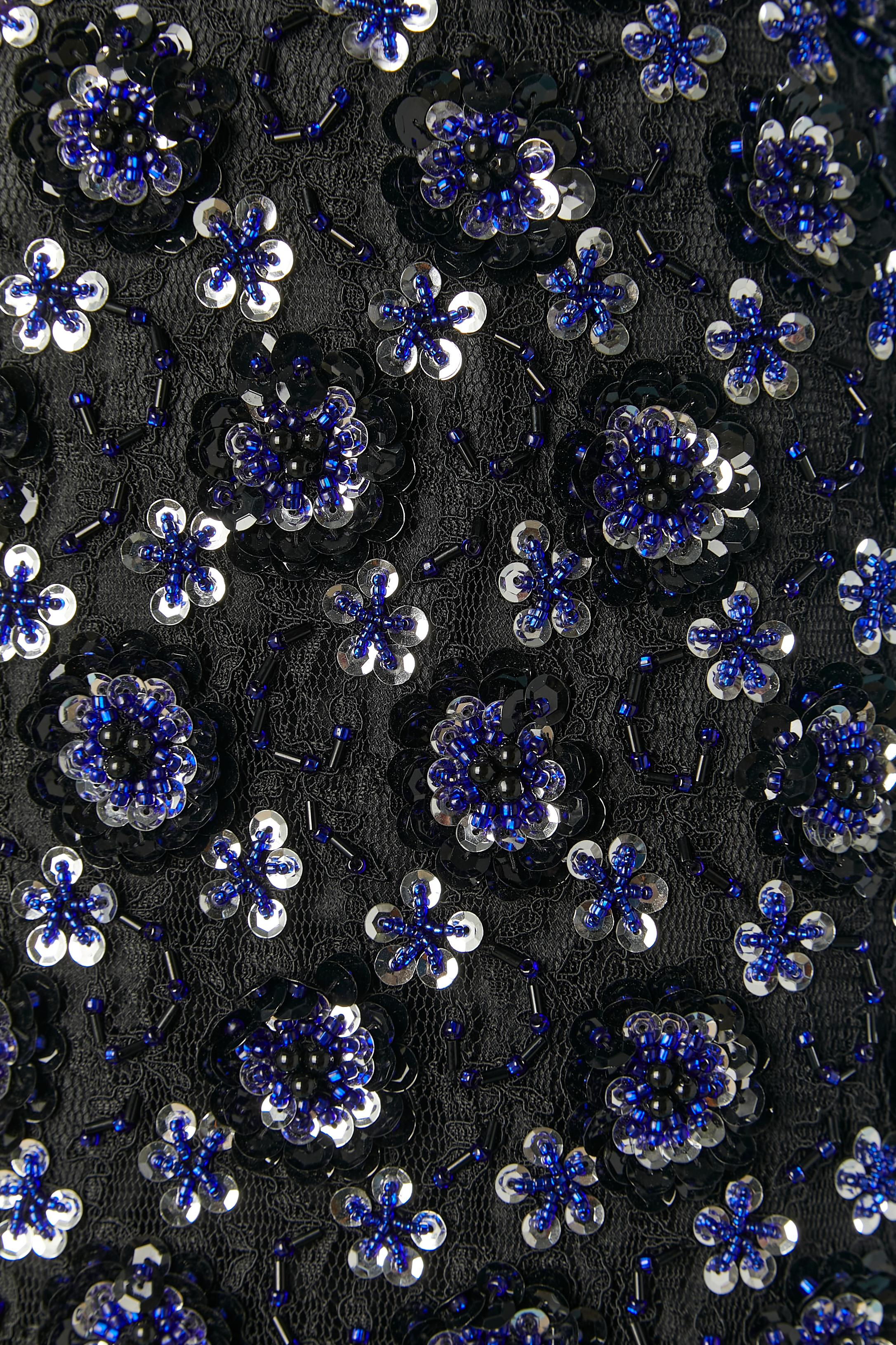 Vestido de noche con cuentas de tul transparente y lentejuelas ZOLA KELLER Circa 1980's en Excelente estado para la venta en Saint-Ouen-Sur-Seine, FR